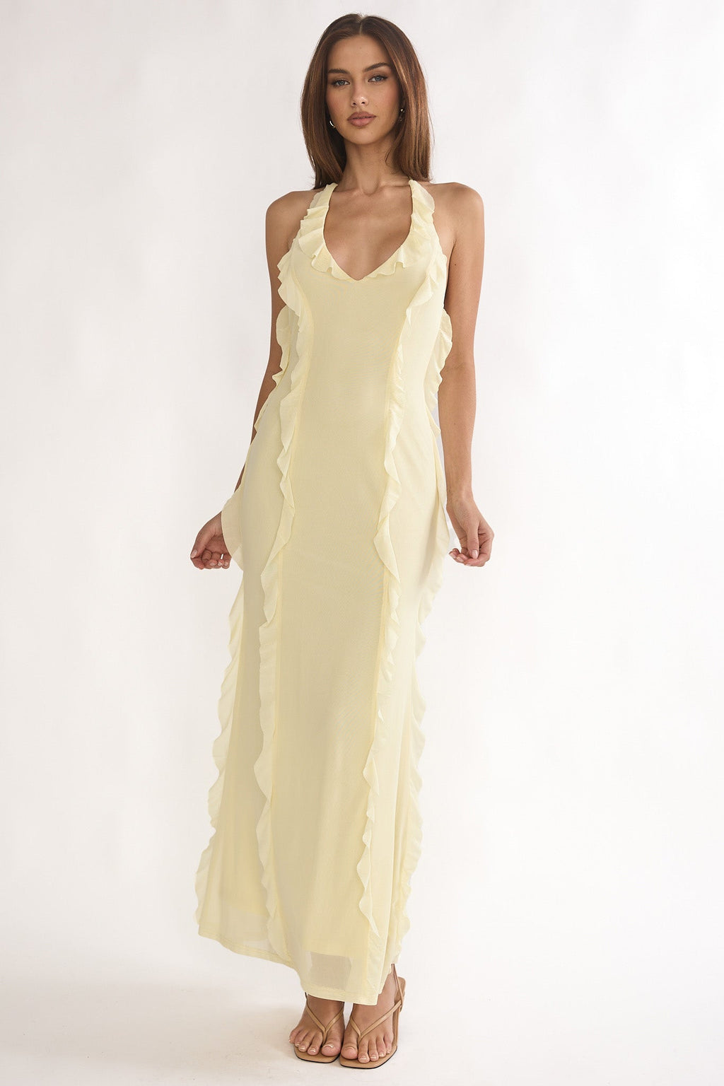Collins Halter Ruffle Trim Maxi Dress Butter