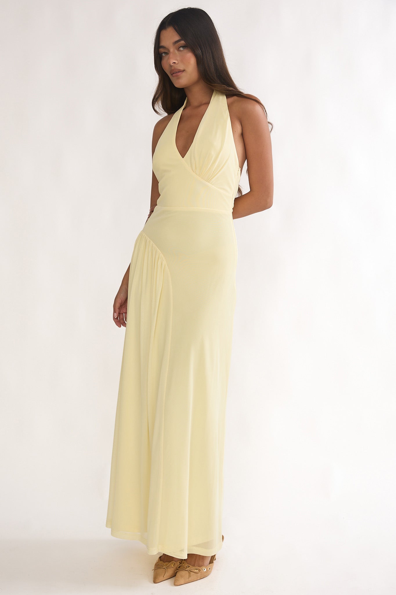 Ziera Ruched Insert Halter Maxi Dress Butter