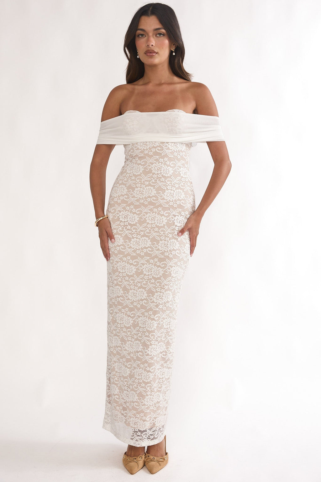 Jewelene Off-Shoulder Maxi Dress Lace White