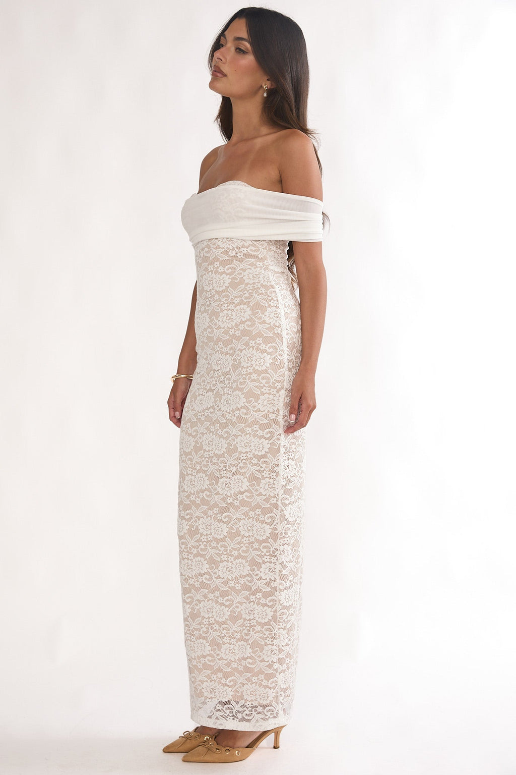 Jewelene Off-Shoulder Maxi Dress Lace White