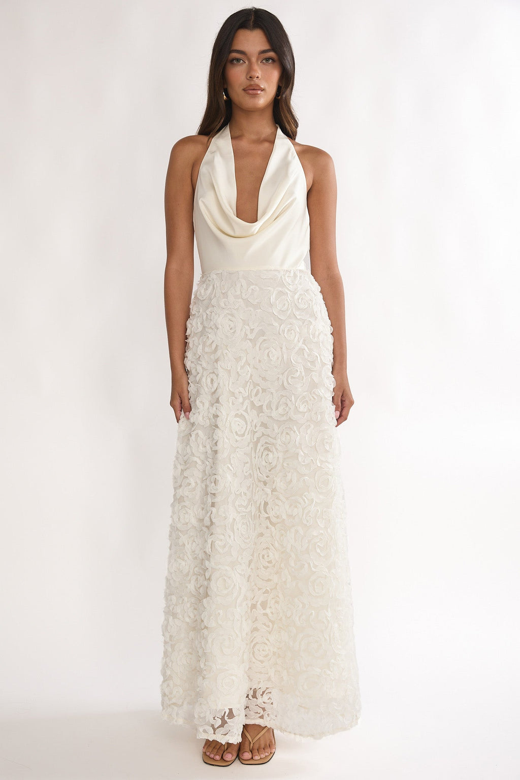 Lucerne Cowl Halter Maxi Dress Embellished Ivory