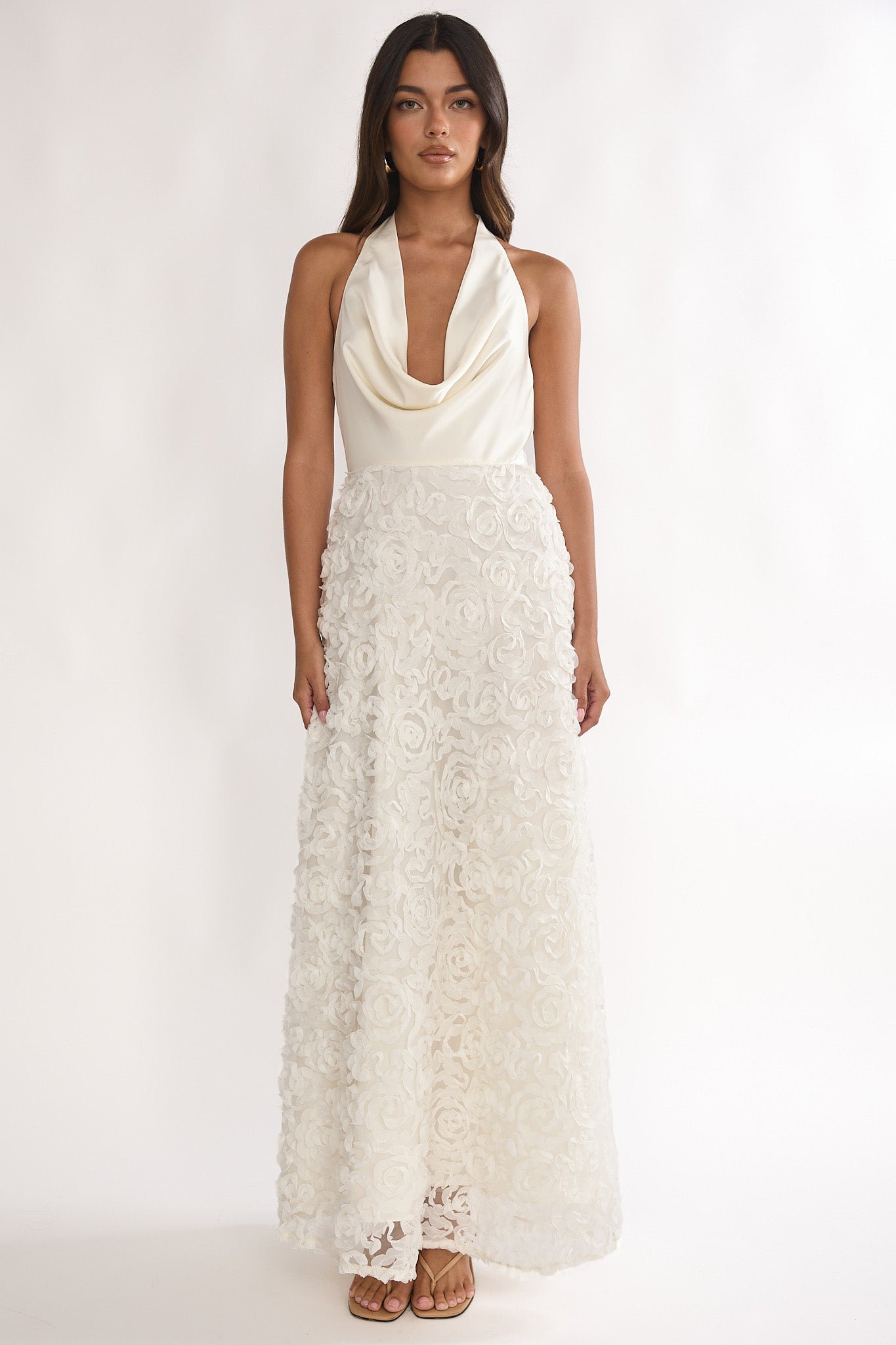 Lucerne Cowl Halter Maxi Dress Embellished Ivory