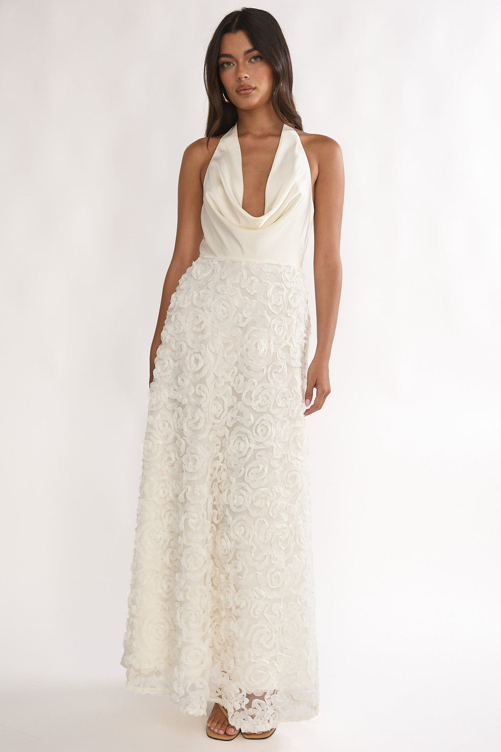 Lucerne Cowl Halter Maxi Dress Embellished Ivory