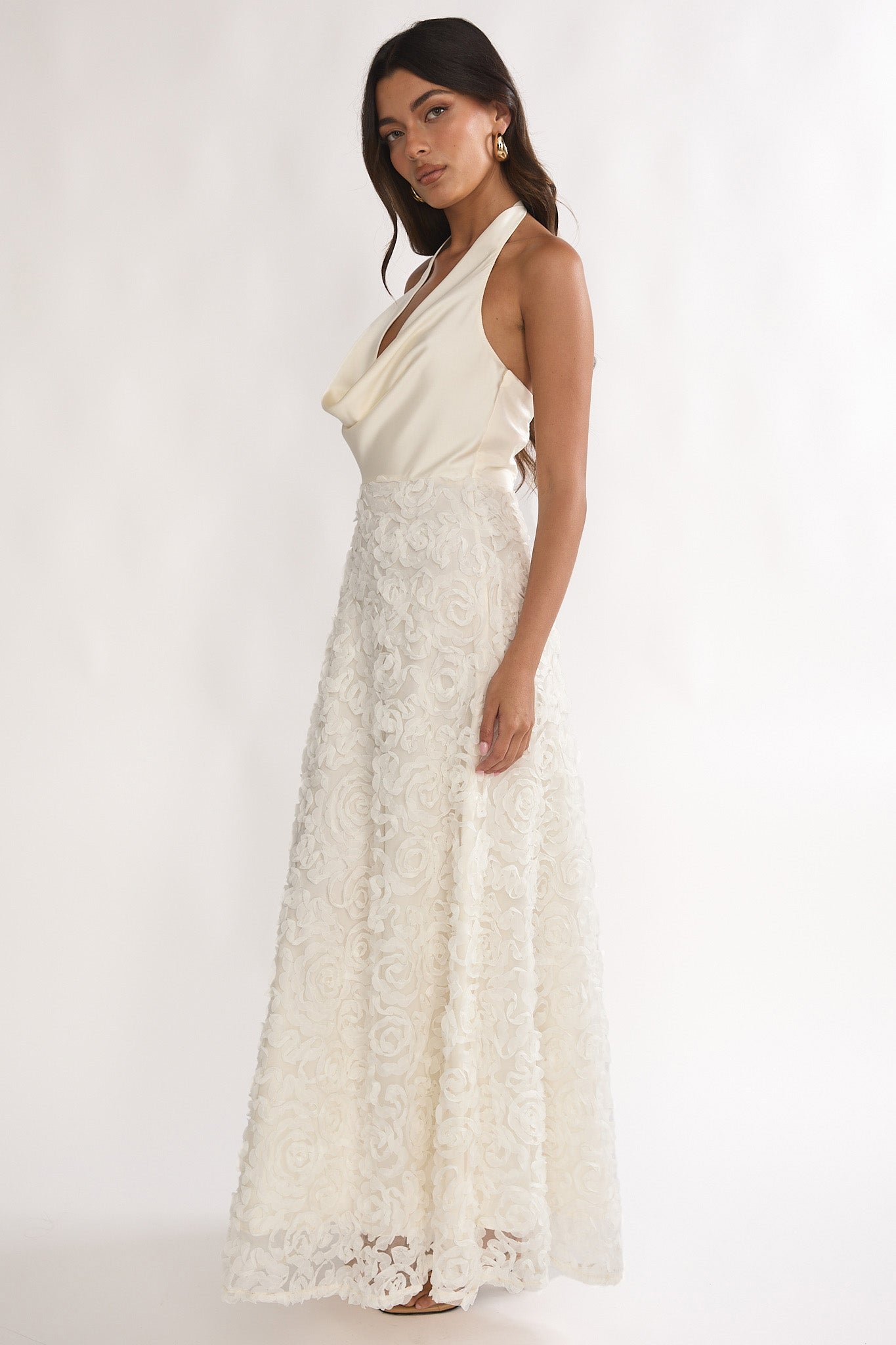 Lucerne Cowl Halter Maxi Dress Embellished Ivory