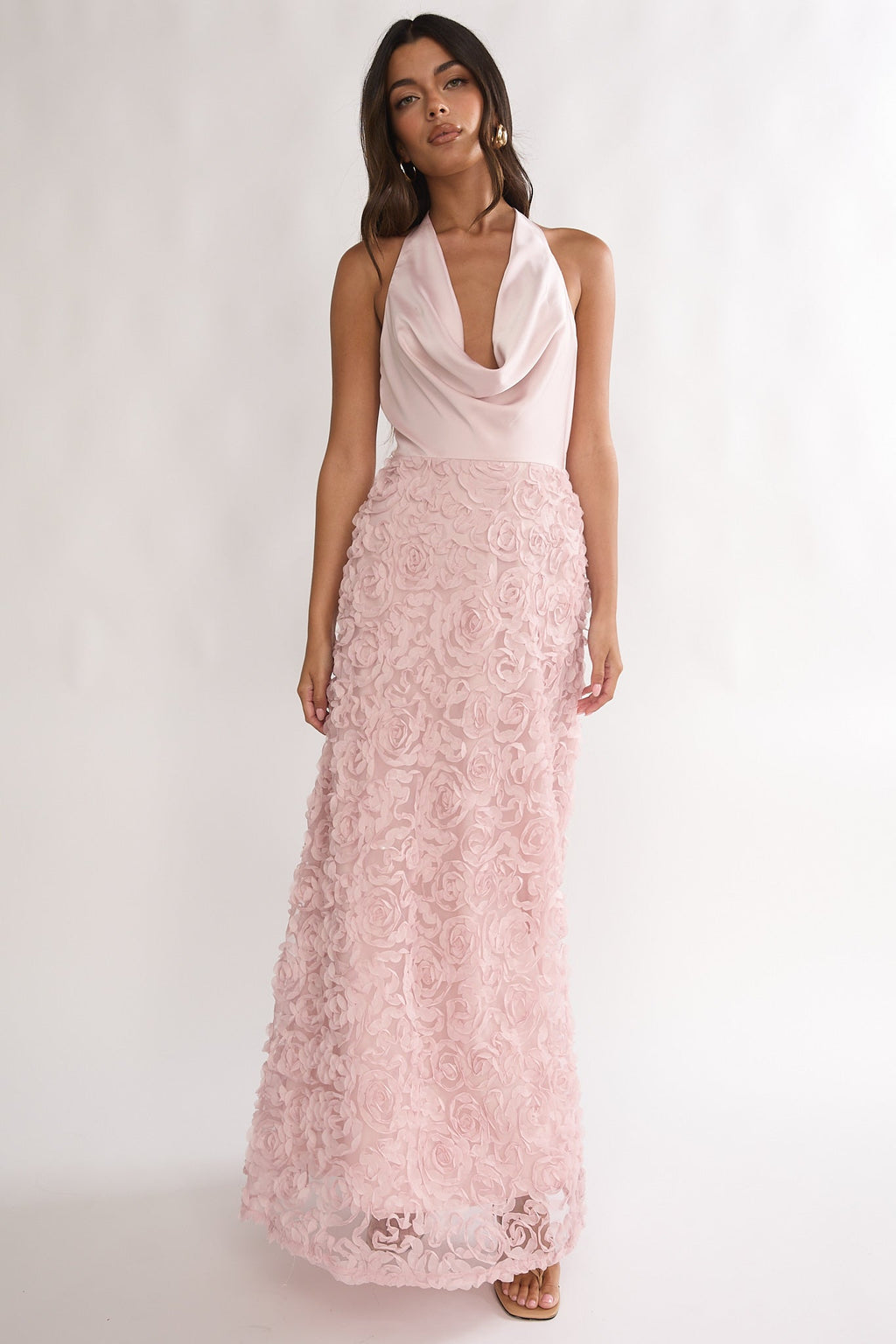 Lucerne Cowl Halter Maxi Dress Embellished Pink