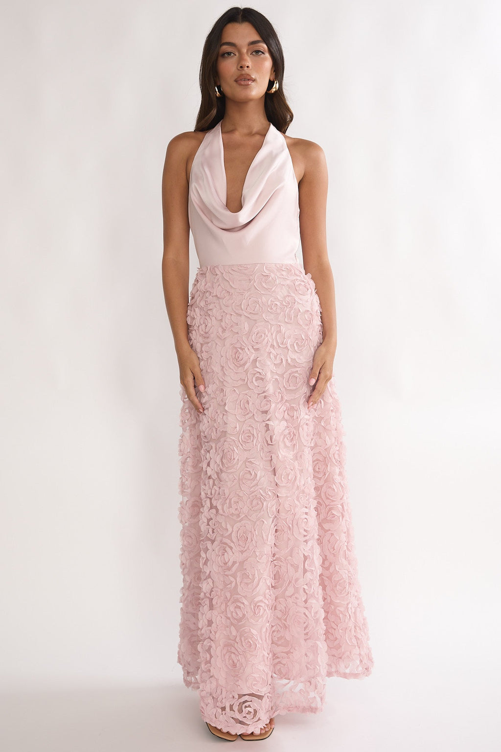 Lucerne Cowl Halter Maxi Dress Embellished Pink