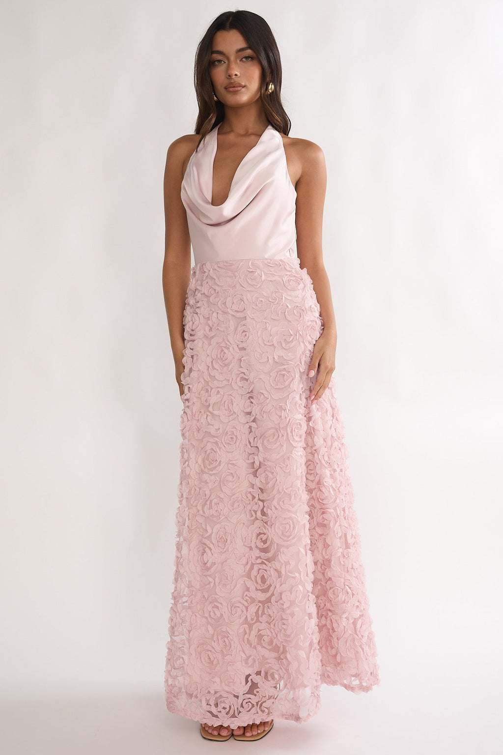 Lucerne Cowl Halter Maxi Dress Embellished Pink