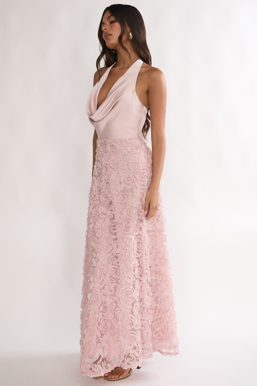 Lucerne Cowl Halter Maxi Dress Embellished Pink