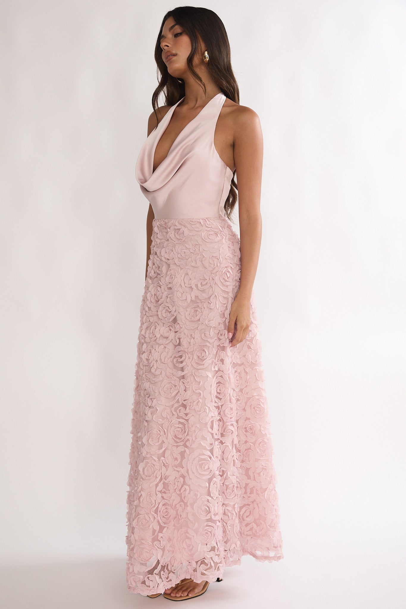 Lucerne Cowl Halter Maxi Dress Embellished Pink