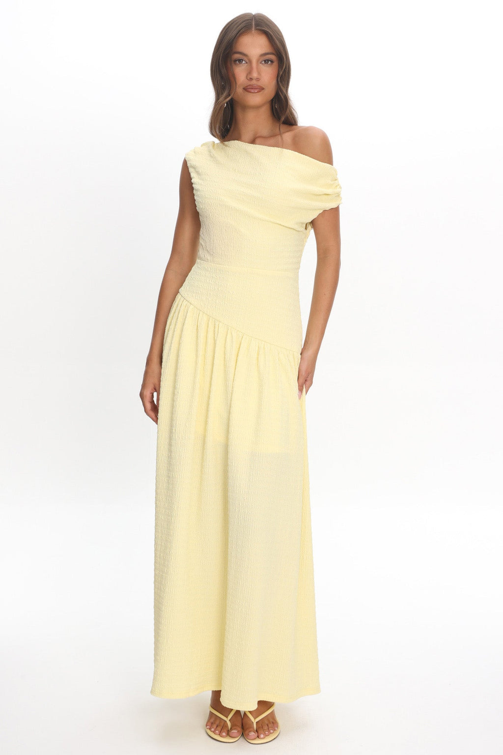 Kloe Asymmetric Shoulder Textured Maxi Dress Butter