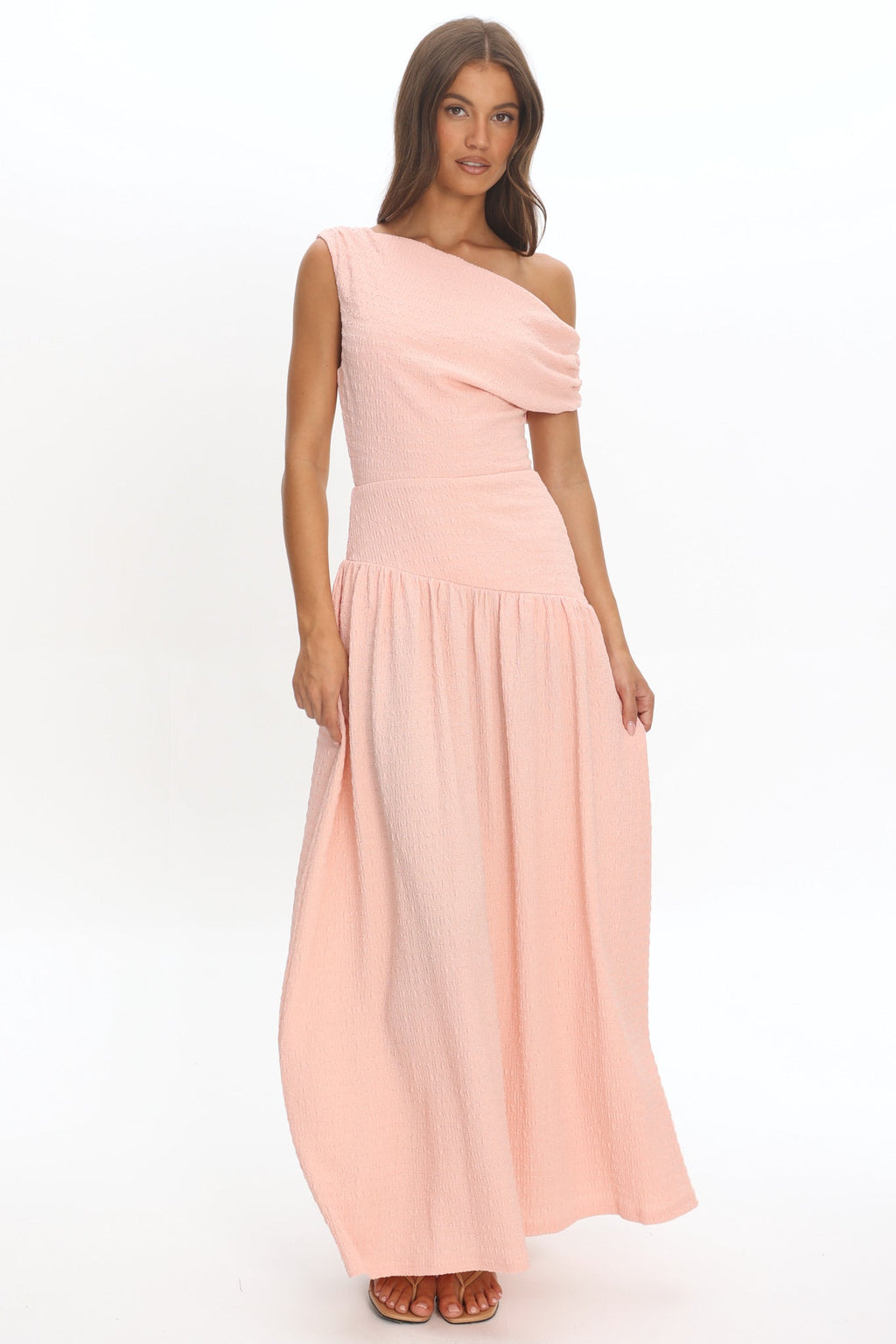 Kloe Asymmetric Shoulder Textured Maxi Dress Peach
