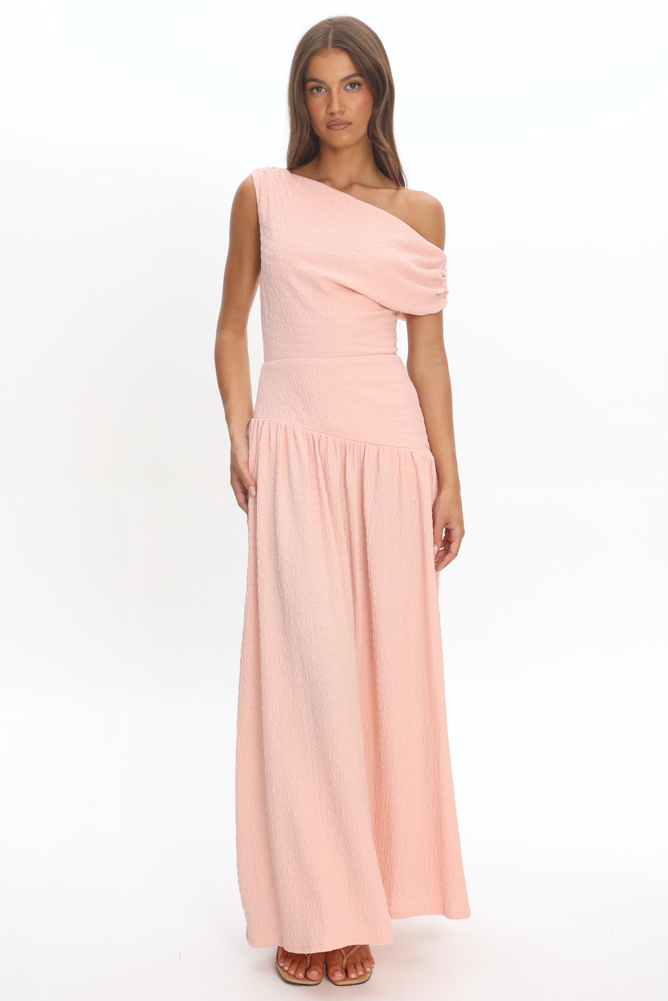 Kloe Asymmetric Shoulder Textured Maxi Dress Peach