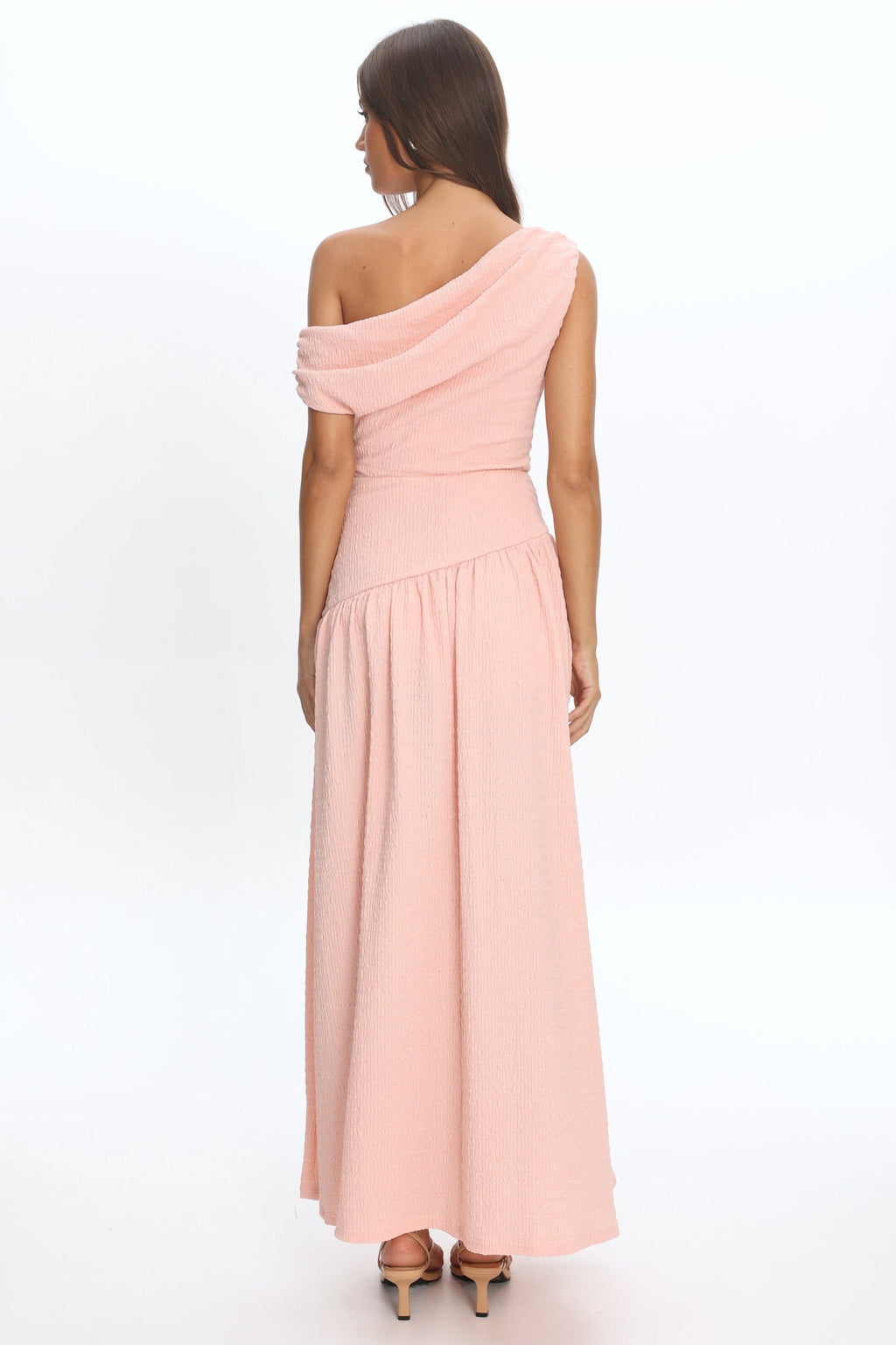 Kloe Asymmetric Shoulder Textured Maxi Dress Peach