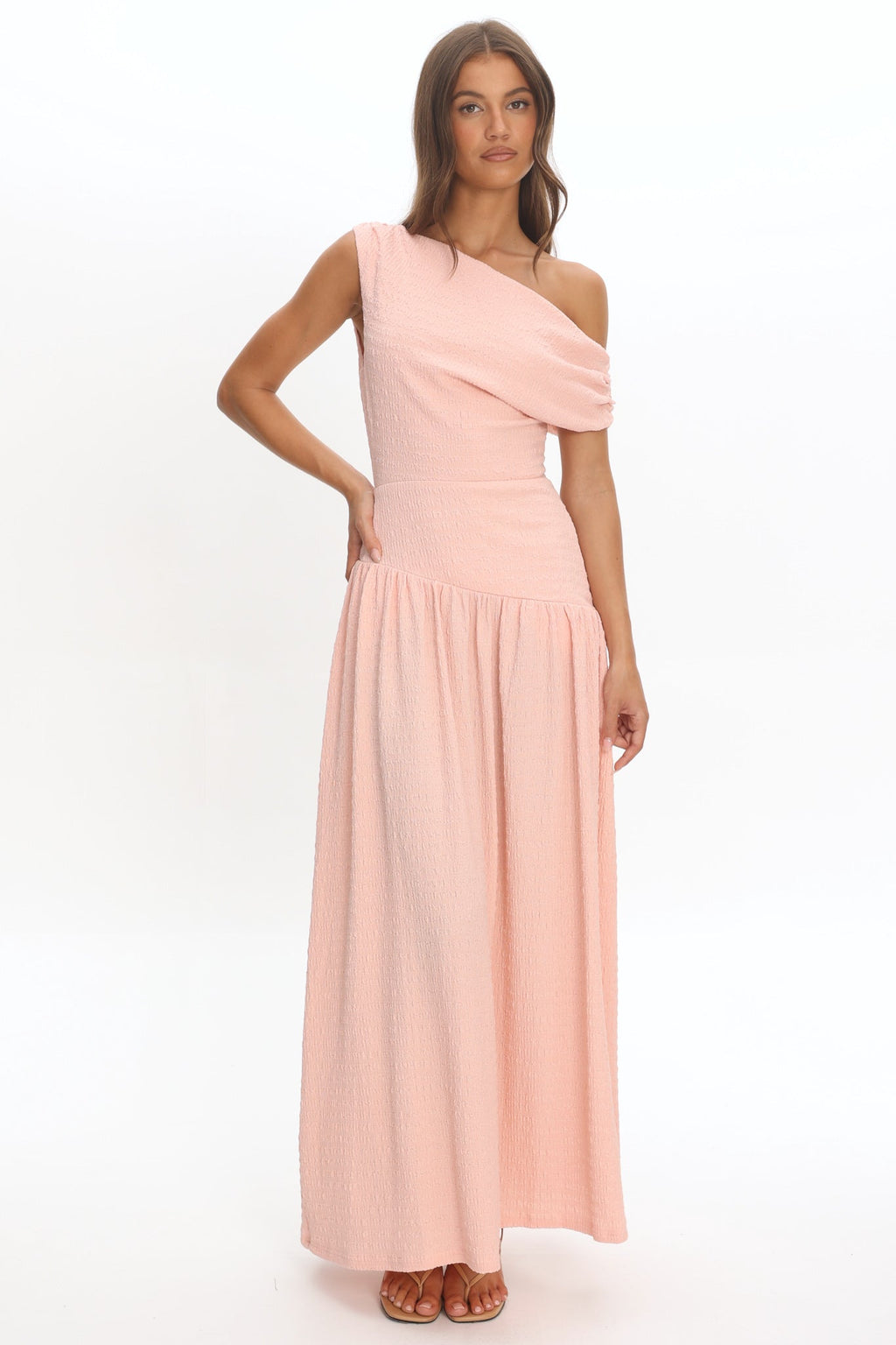 Kloe Asymmetric Shoulder Textured Maxi Dress Peach