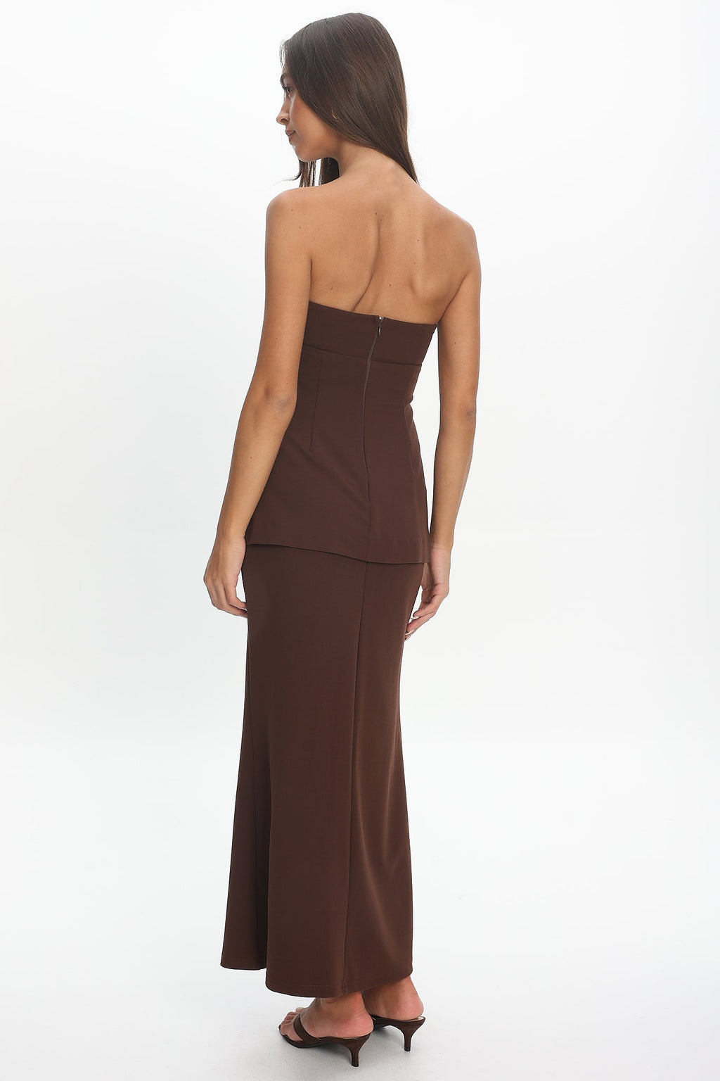 Vicci Strapless Flared Waist Maxi Dress Chocolate