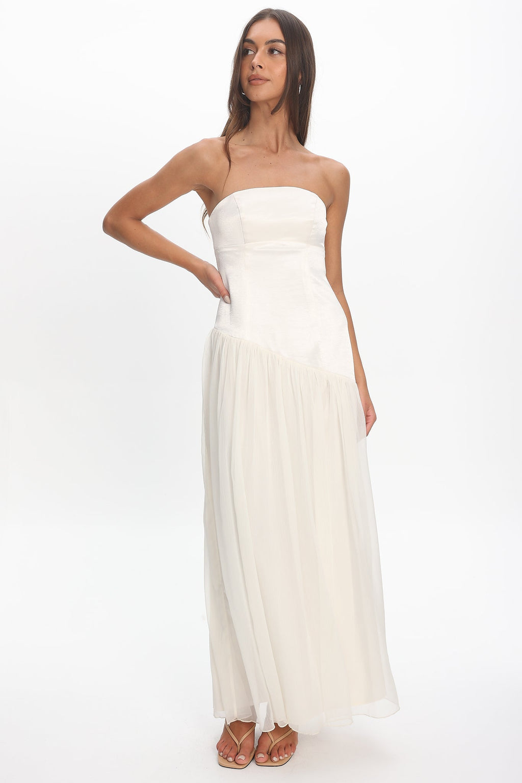 Karielle Asymmetric Drop Waist Maxi Dress Ivory