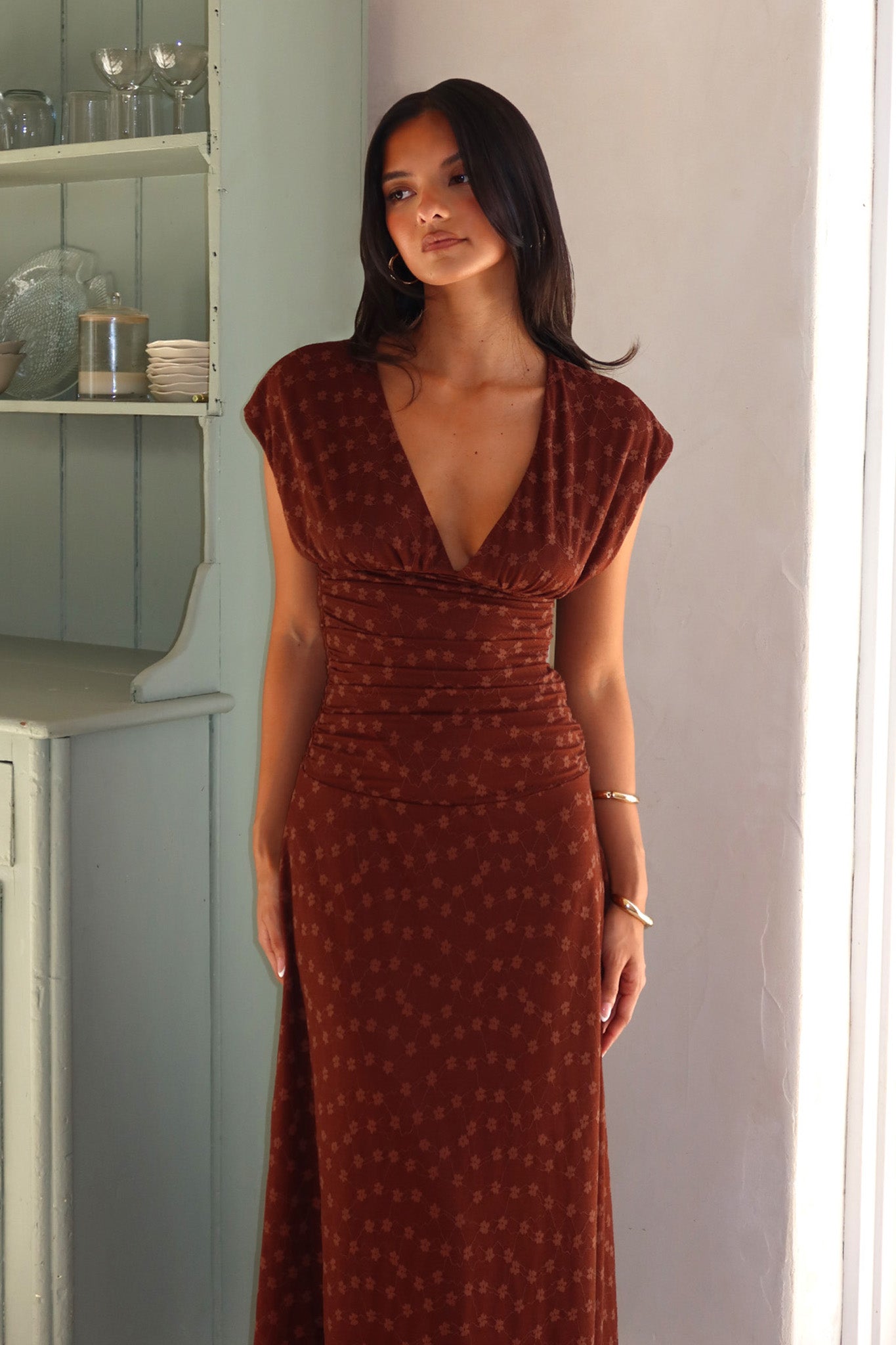 Novia Ruched Bodice Maxi Dress Embroidered Chocolate