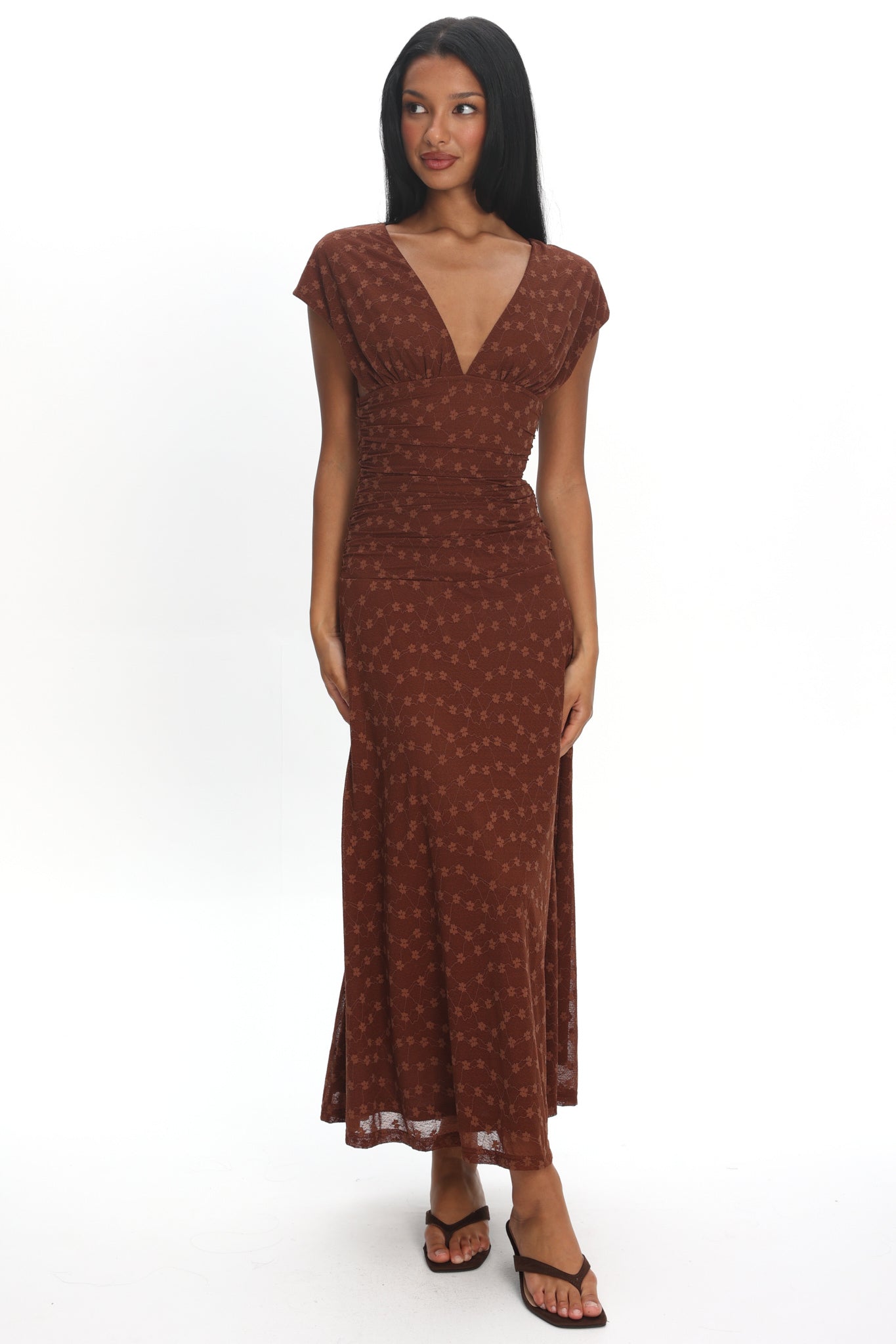 Novia Ruched Bodice Maxi Dress Embroidered Chocolate
