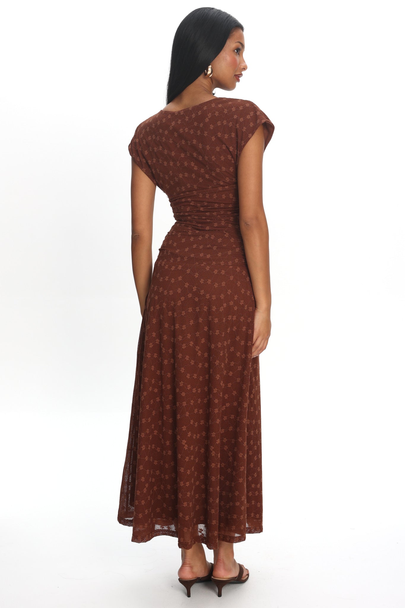 Novia Ruched Bodice Maxi Dress Embroidered Chocolate