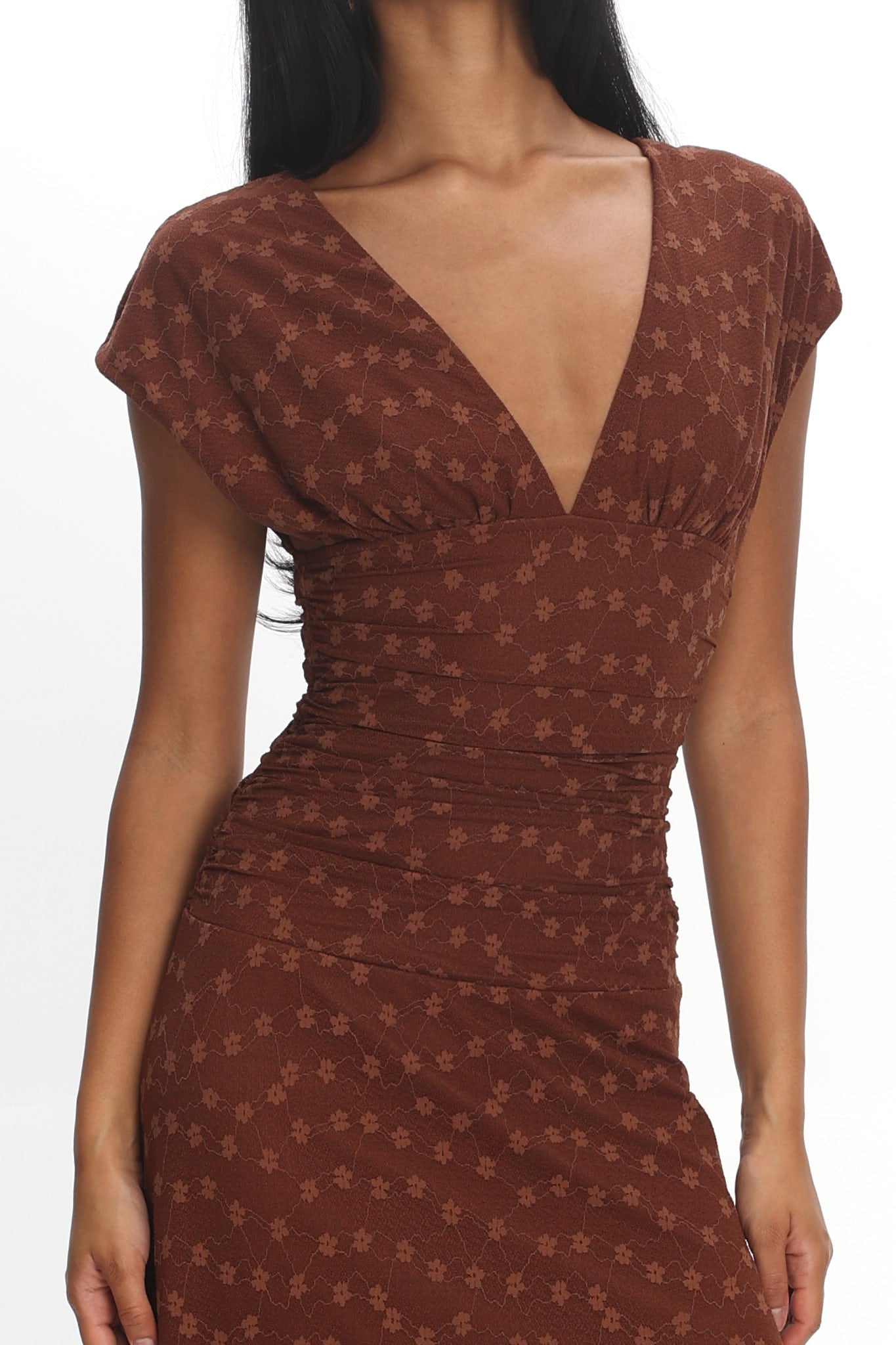 Novia Ruched Bodice Maxi Dress Embroidered Chocolate