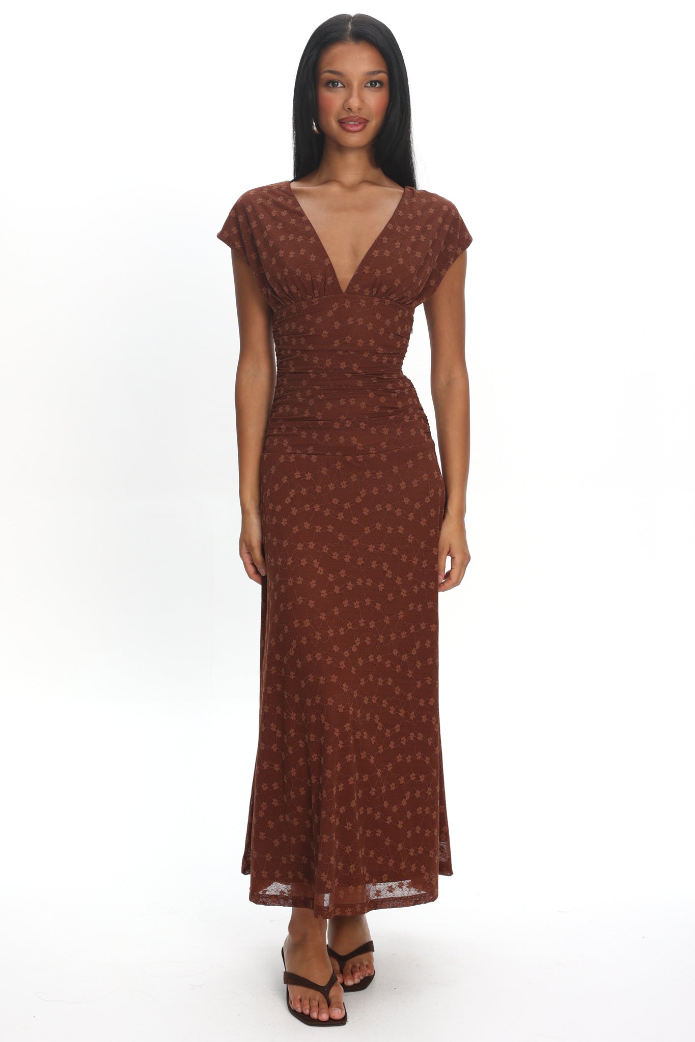 Novia Ruched Bodice Maxi Dress Embroidered Chocolate