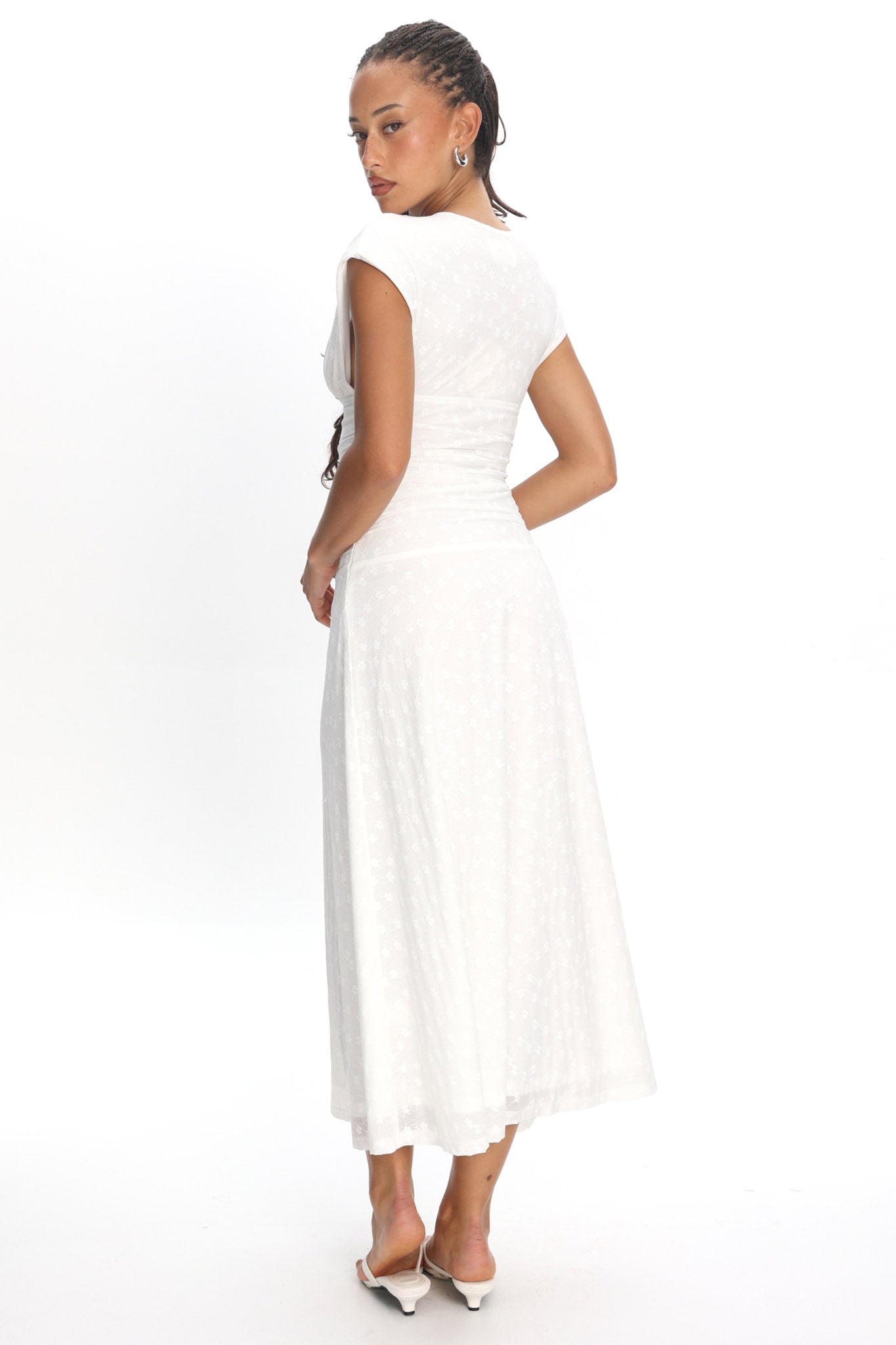 Novia Ruched Bodice Maxi Dress Embroidered Off White