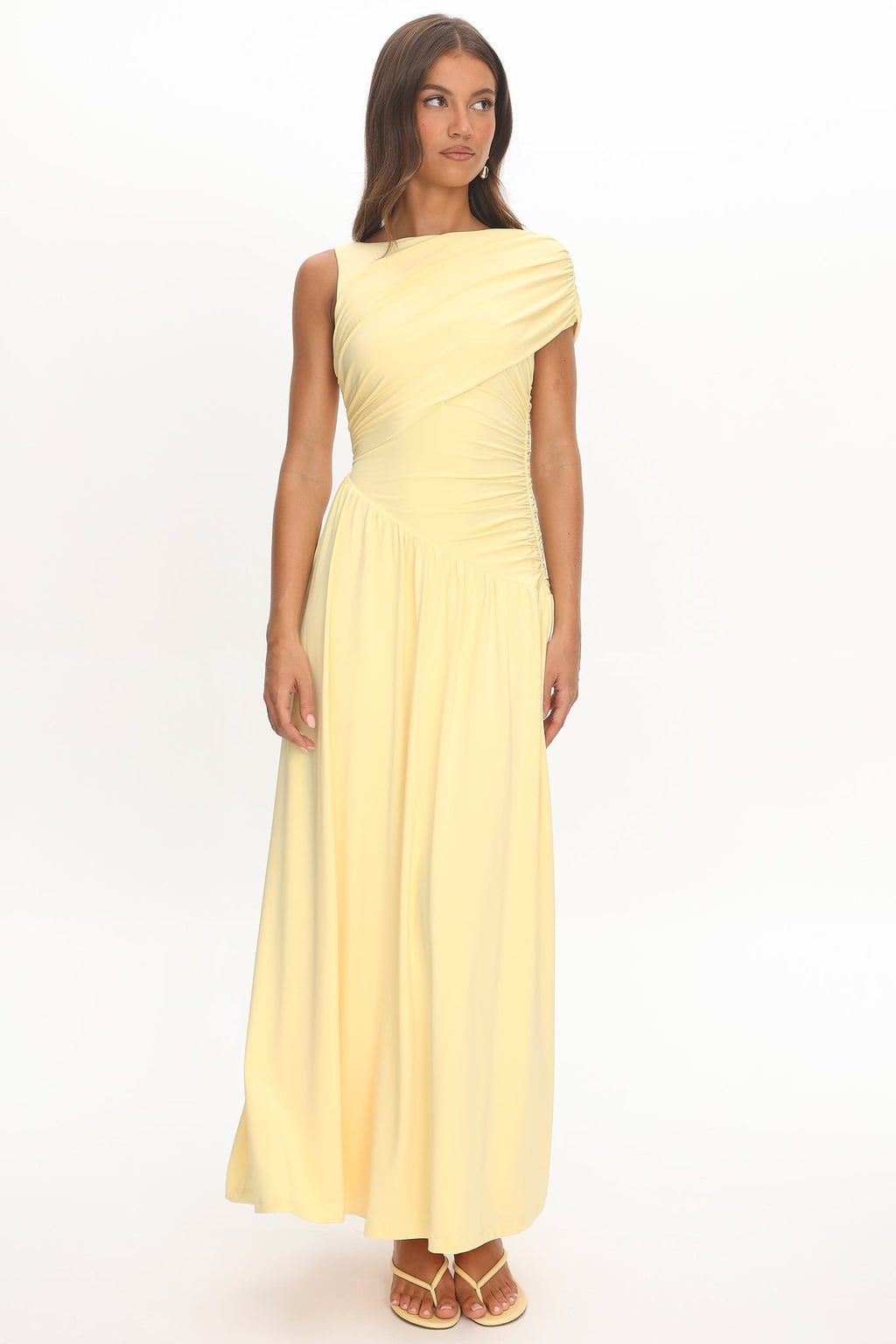 Adiel Ruched Asymmetric Waist Maxi Dress Butter