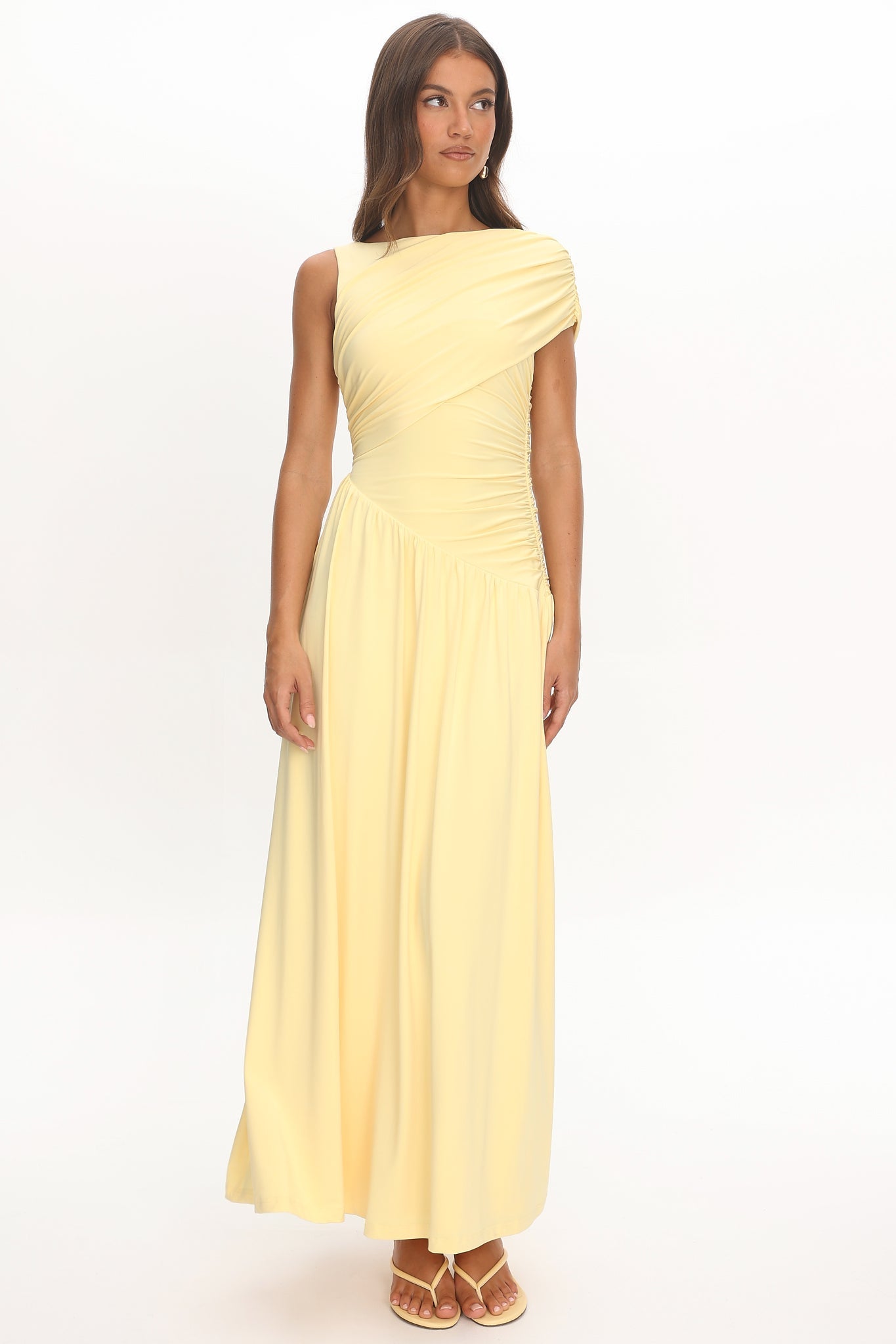 Adiel Ruched Asymmetric Waist Maxi Dress Butter