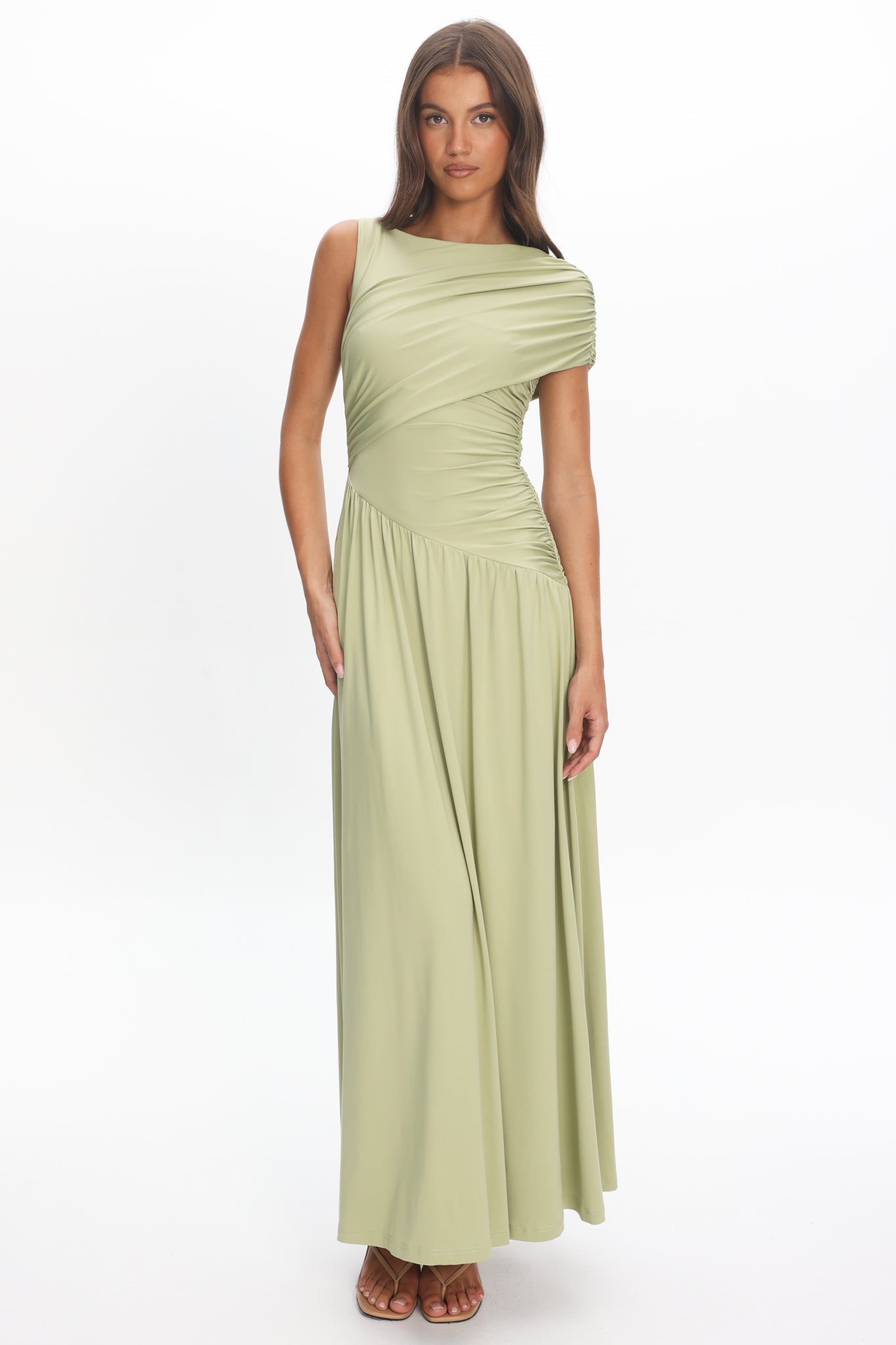 Adiel Ruched Asymmetric Waist Maxi Dress Olive