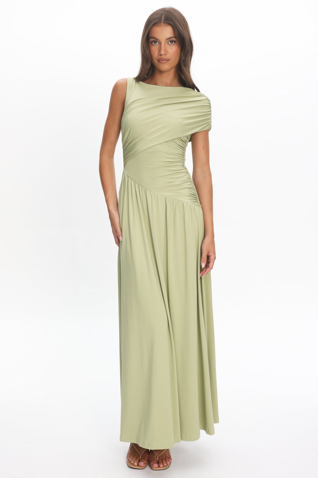Adiel Ruched Asymmetric Waist Maxi Dress Olive