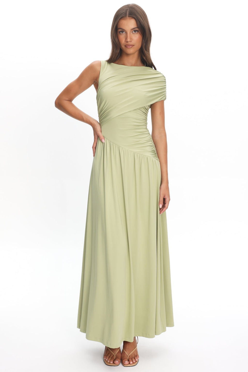 Adiel Ruched Asymmetric Waist Maxi Dress Olive