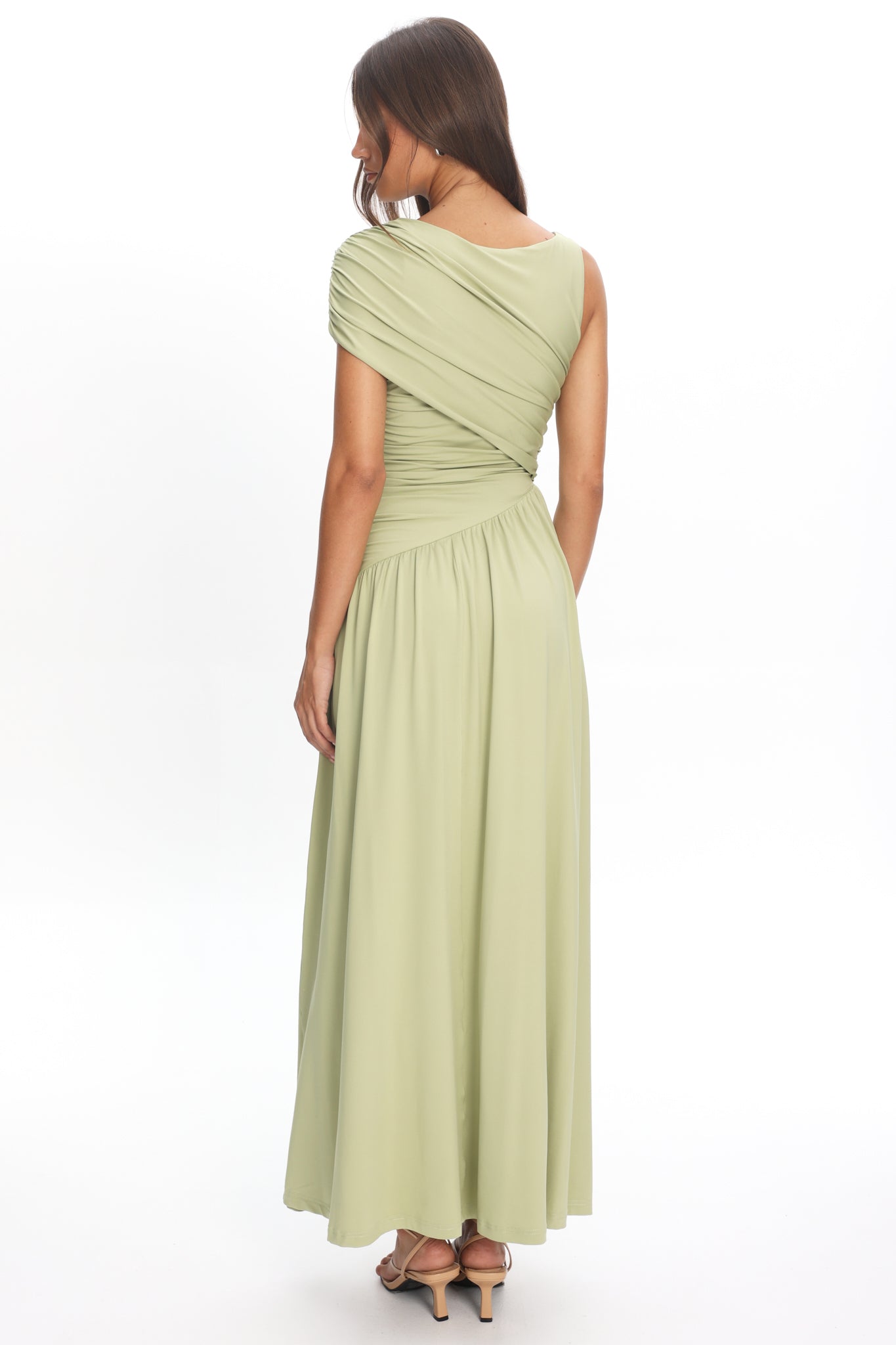 Adiel Ruched Asymmetric Waist Maxi Dress Olive