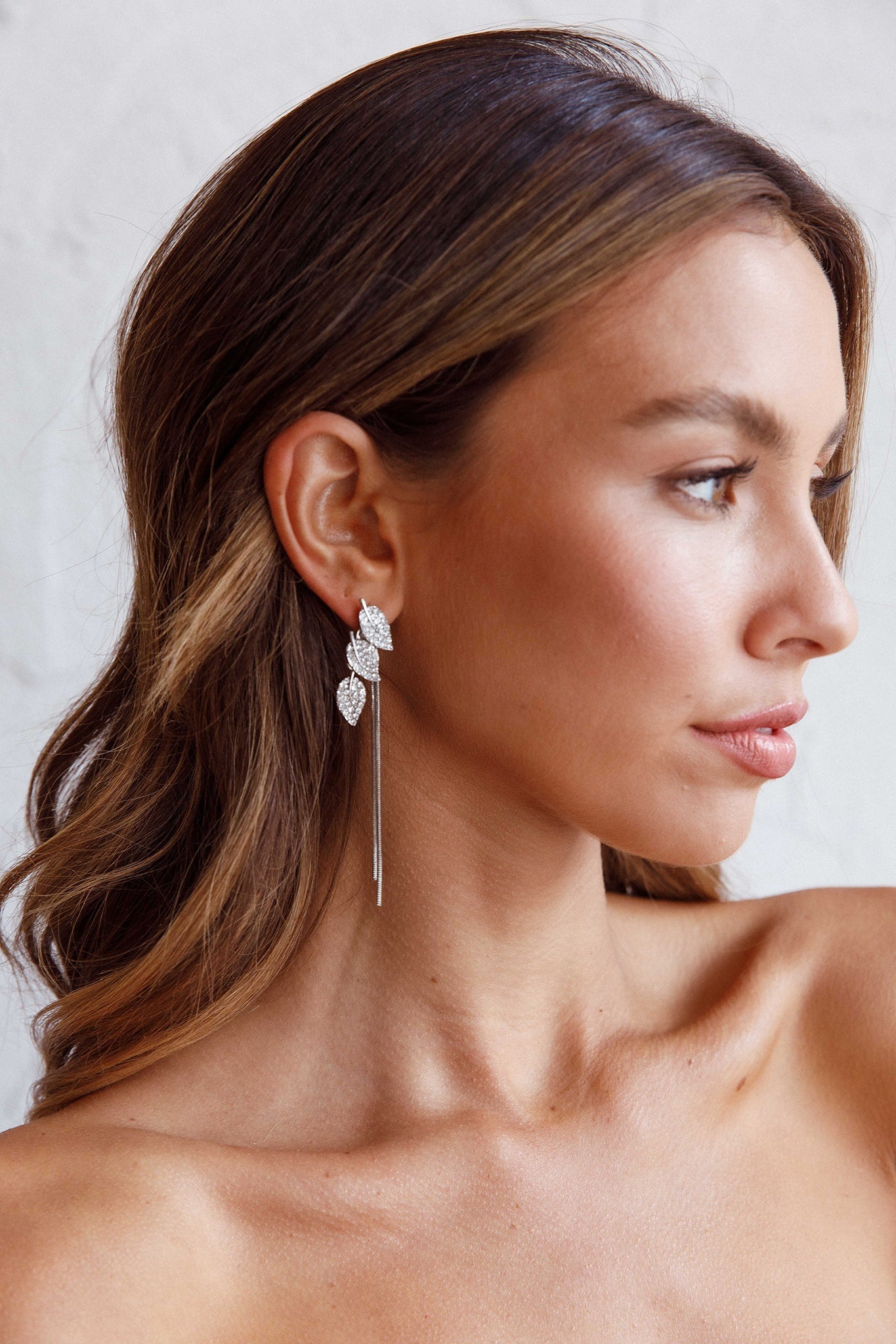 Zircon Leaves Tassel Drop Earrings Silver