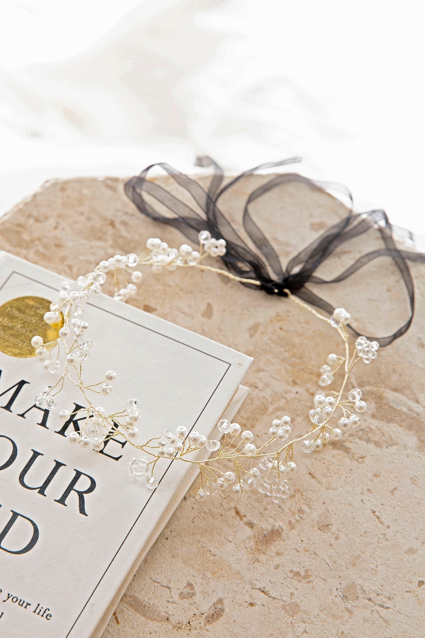 Enchanted Pearl & Crystal Wire Headband Gold