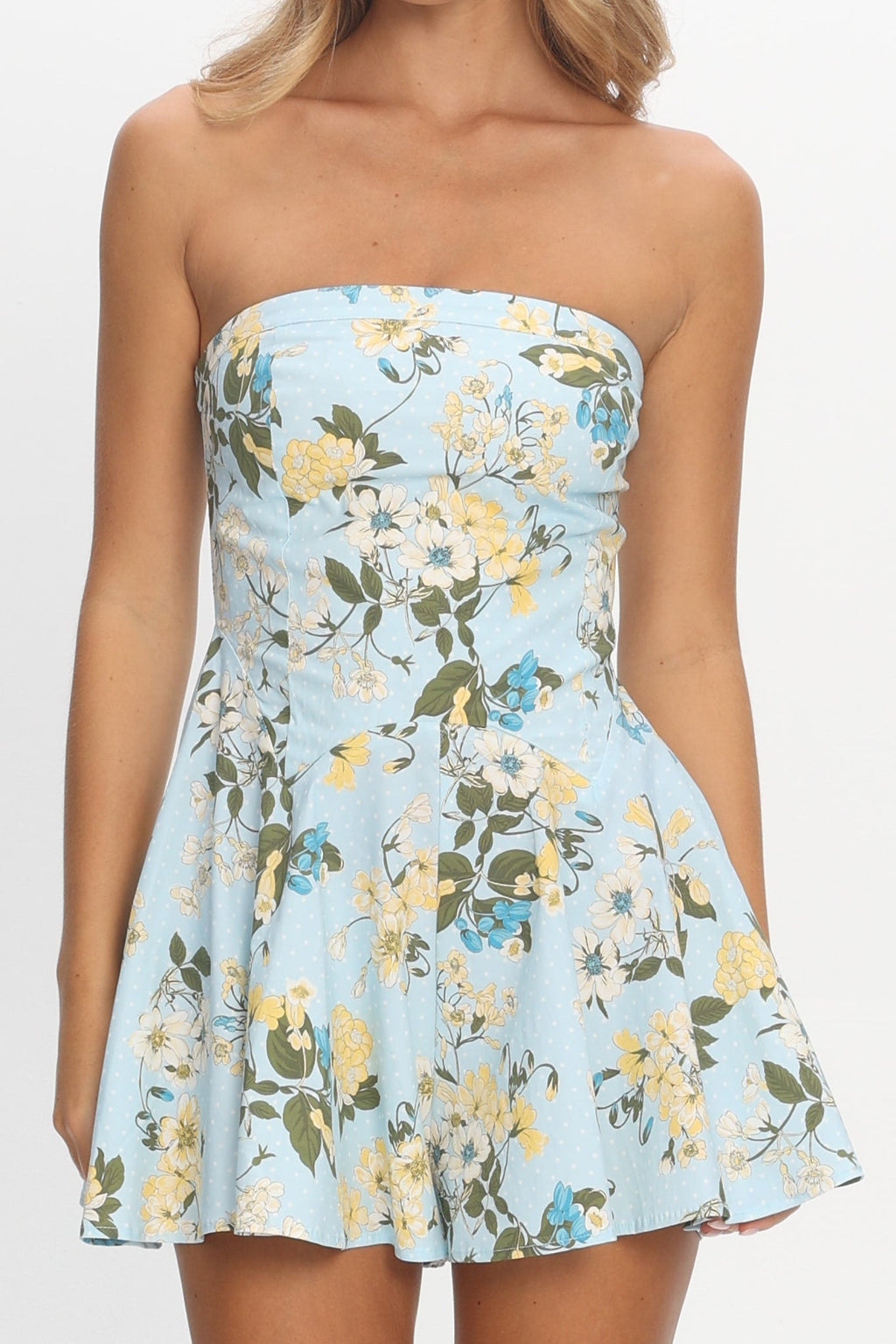That's My Girl Strapless Mini Romper Floral Baby Blue