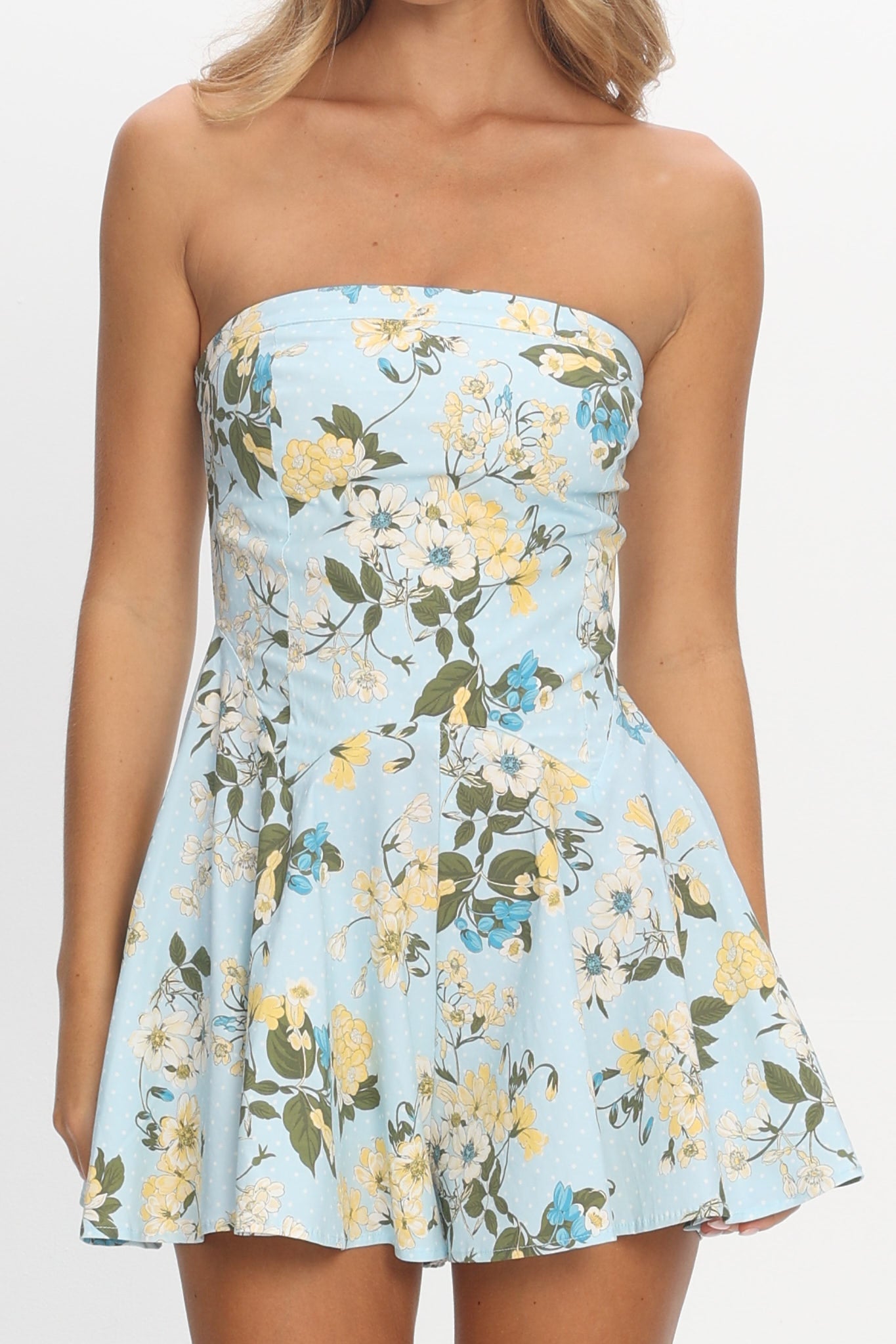 That's My Girl Strapless Mini Romper Floral Baby Blue