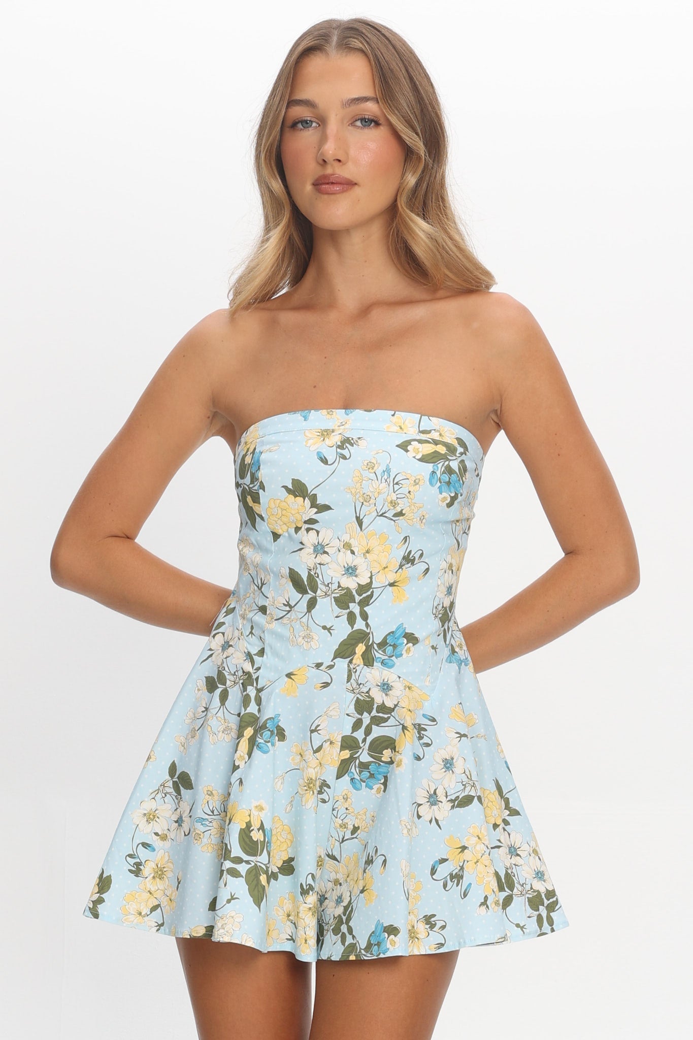 That's My Girl Strapless Mini Romper Floral Baby Blue