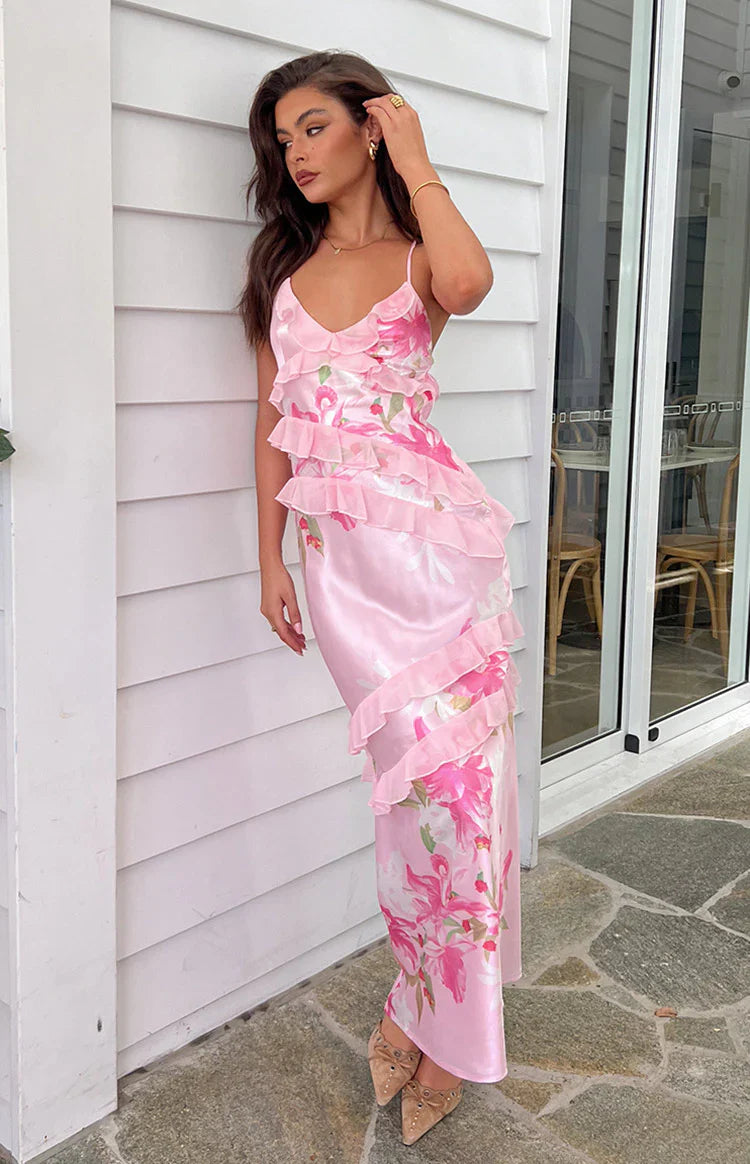 Inara Pink Floral Print Ruffle Prom Dress