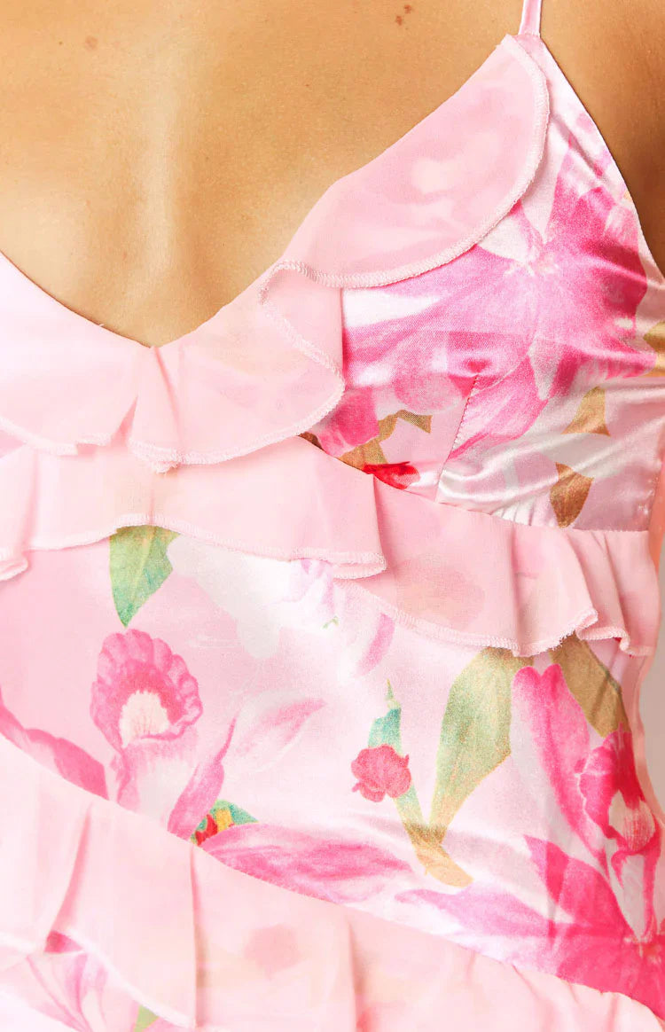 Inara Pink Floral Print Ruffle Prom Dress