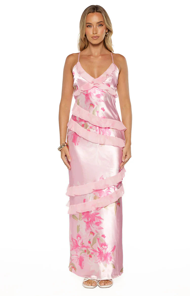Inara Pink Floral Print Ruffle Prom Dress