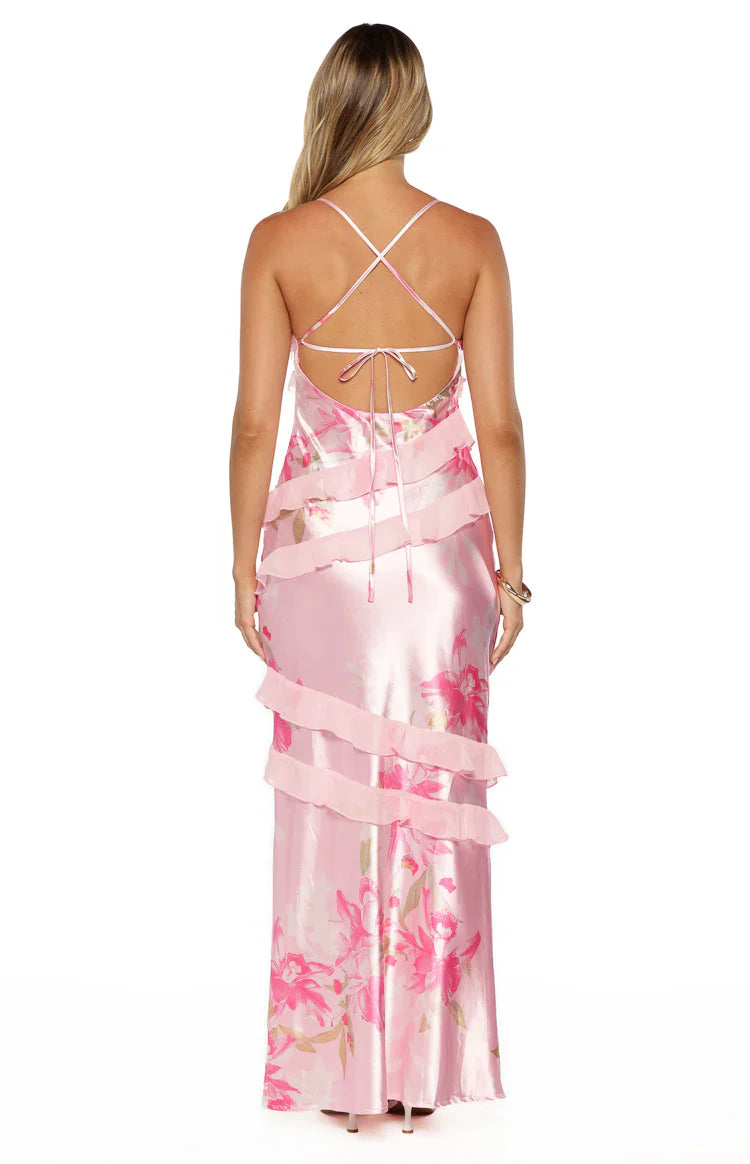 Inara Pink Floral Print Ruffle Prom Dress