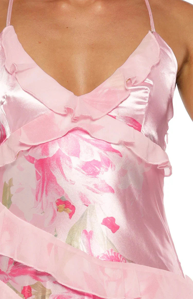Inara Pink Floral Print Ruffle Prom Dress