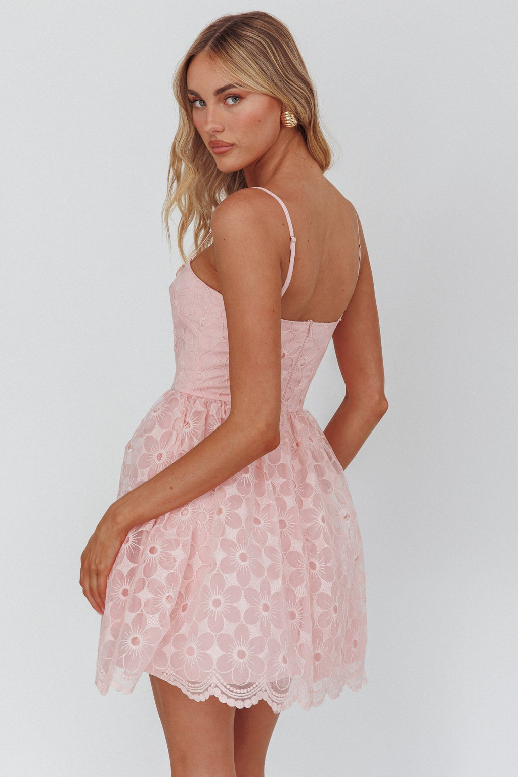 Bahia A-Line Square Neckline Mini Dress Lace Blush