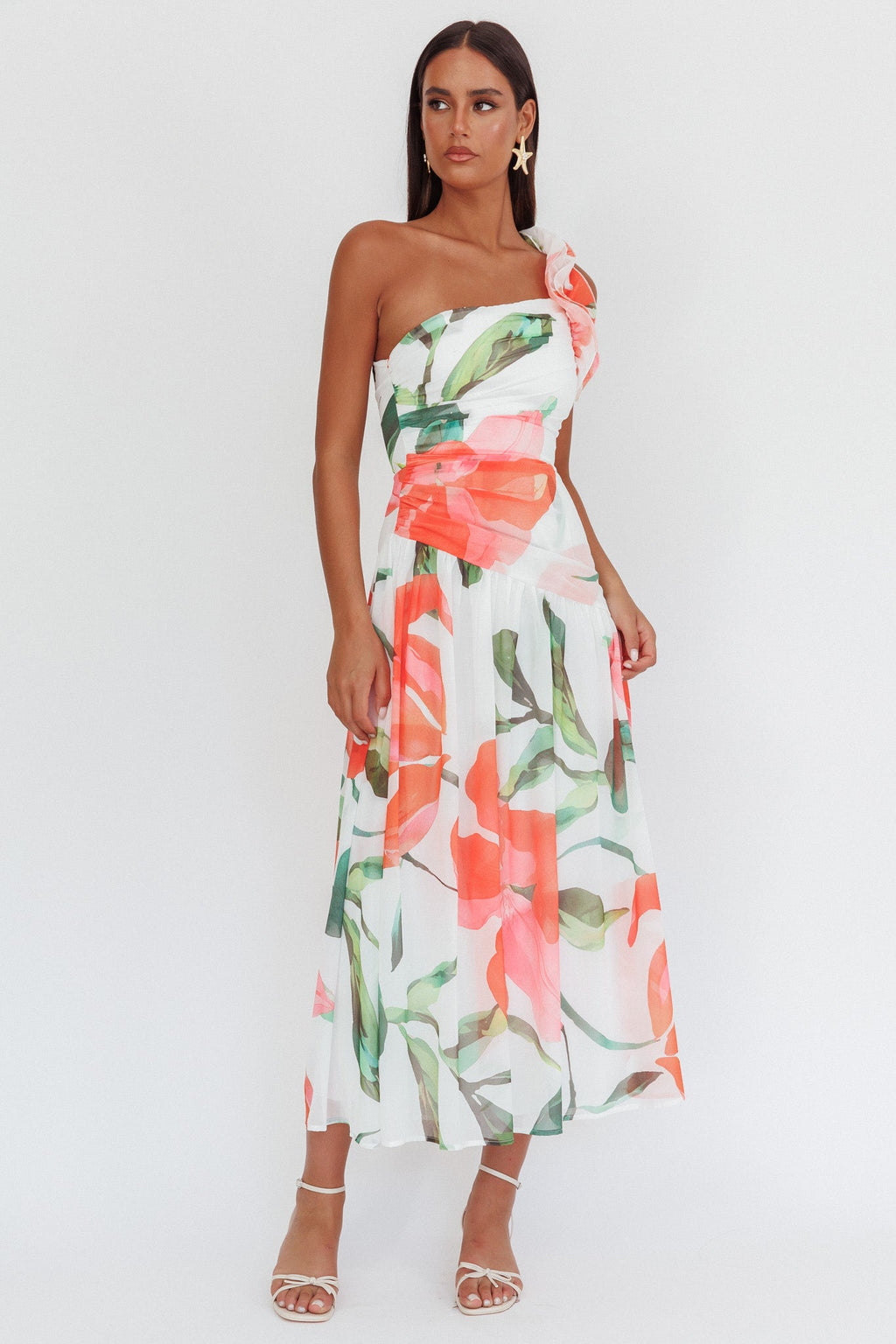 Kinley One-Shoulder Ruffle Maxi Dress Floral Red