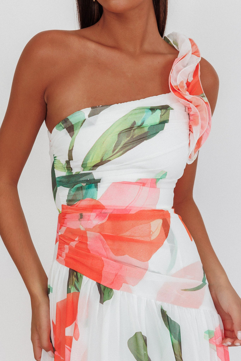 Kinley One-Shoulder Ruffle Maxi Dress Floral Red