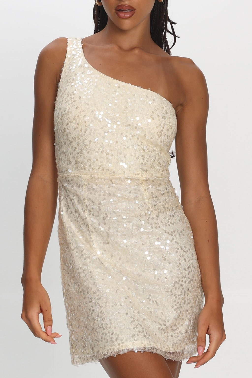 Disco Baby One-Shoulder Sequin Mini Dress Nude
