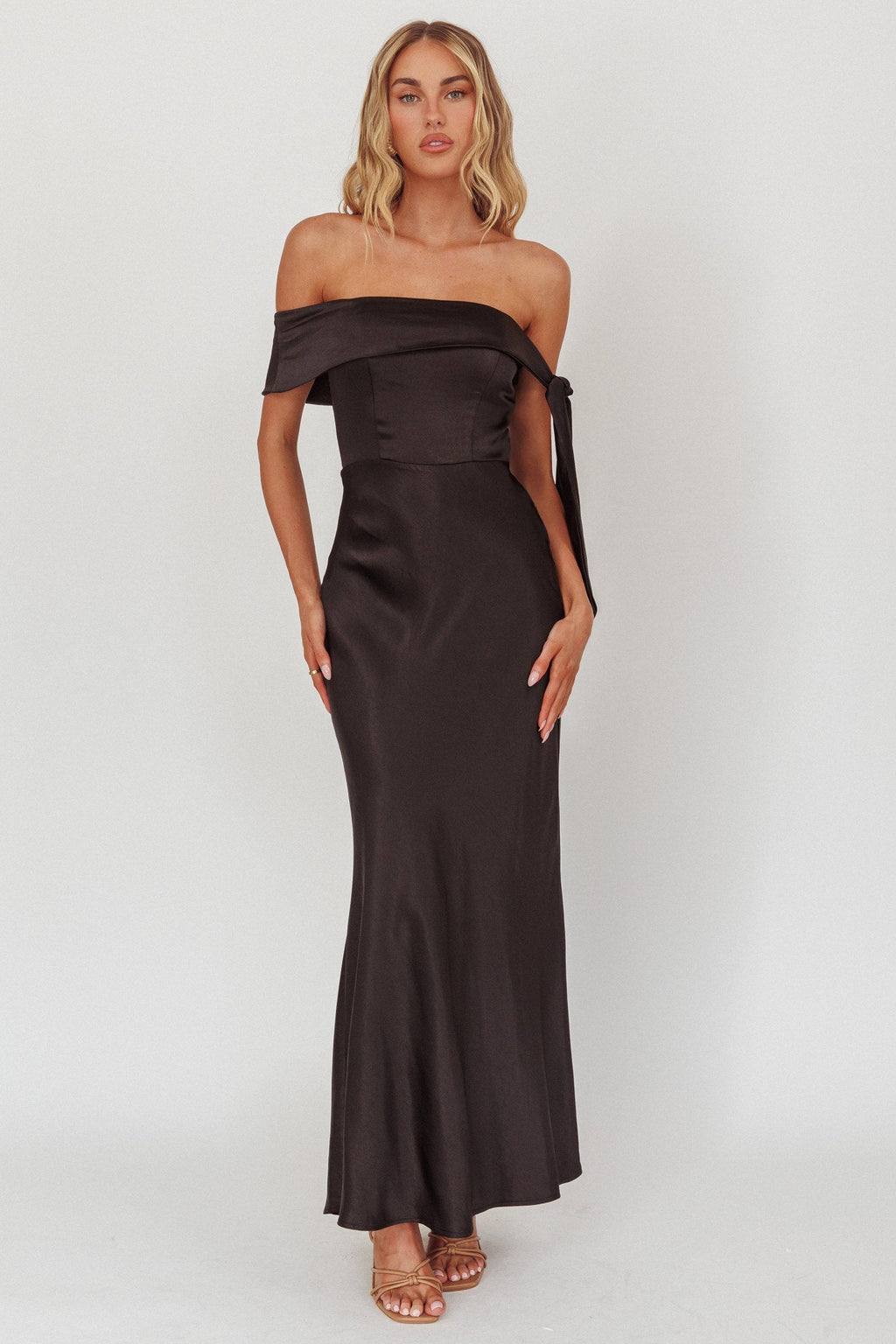 Aurora Sky Off-Shoulder Tie Maxi Dress Satin Black