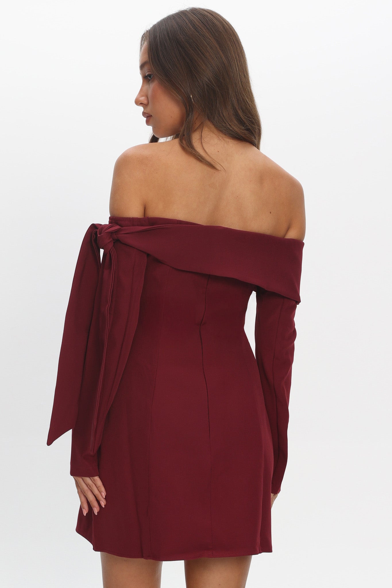 Aurora Sky Off-Shoulder Tie Mini Dress Wine