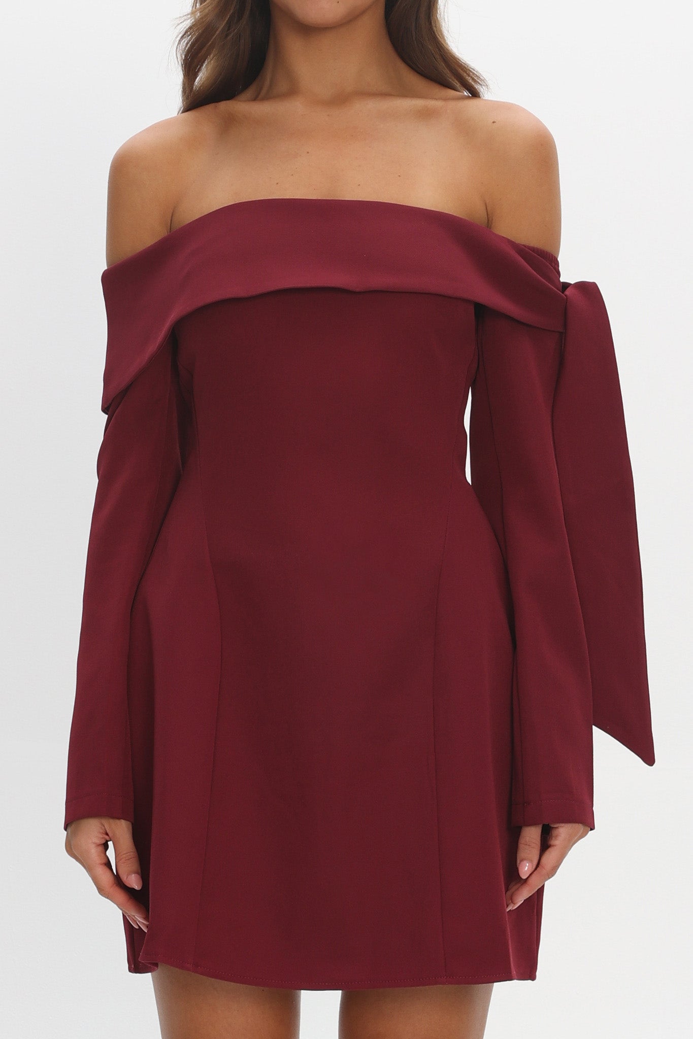 Aurora Sky Off-Shoulder Tie Mini Dress Wine
