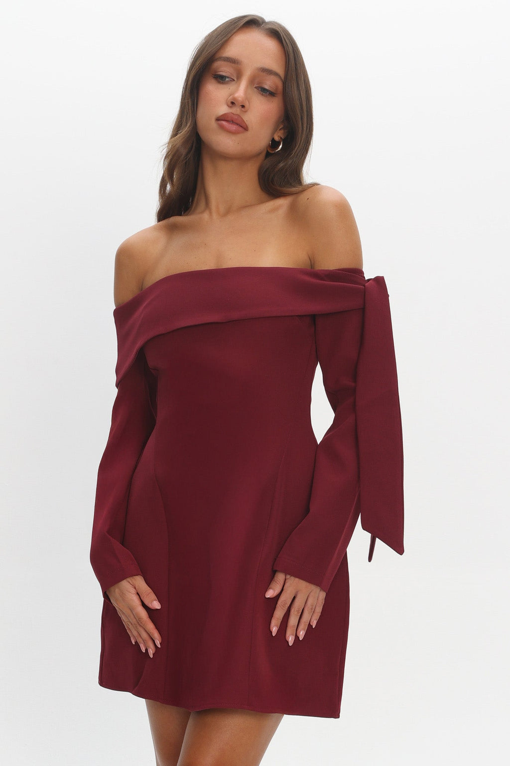 Aurora Sky Off-Shoulder Tie Mini Dress Wine